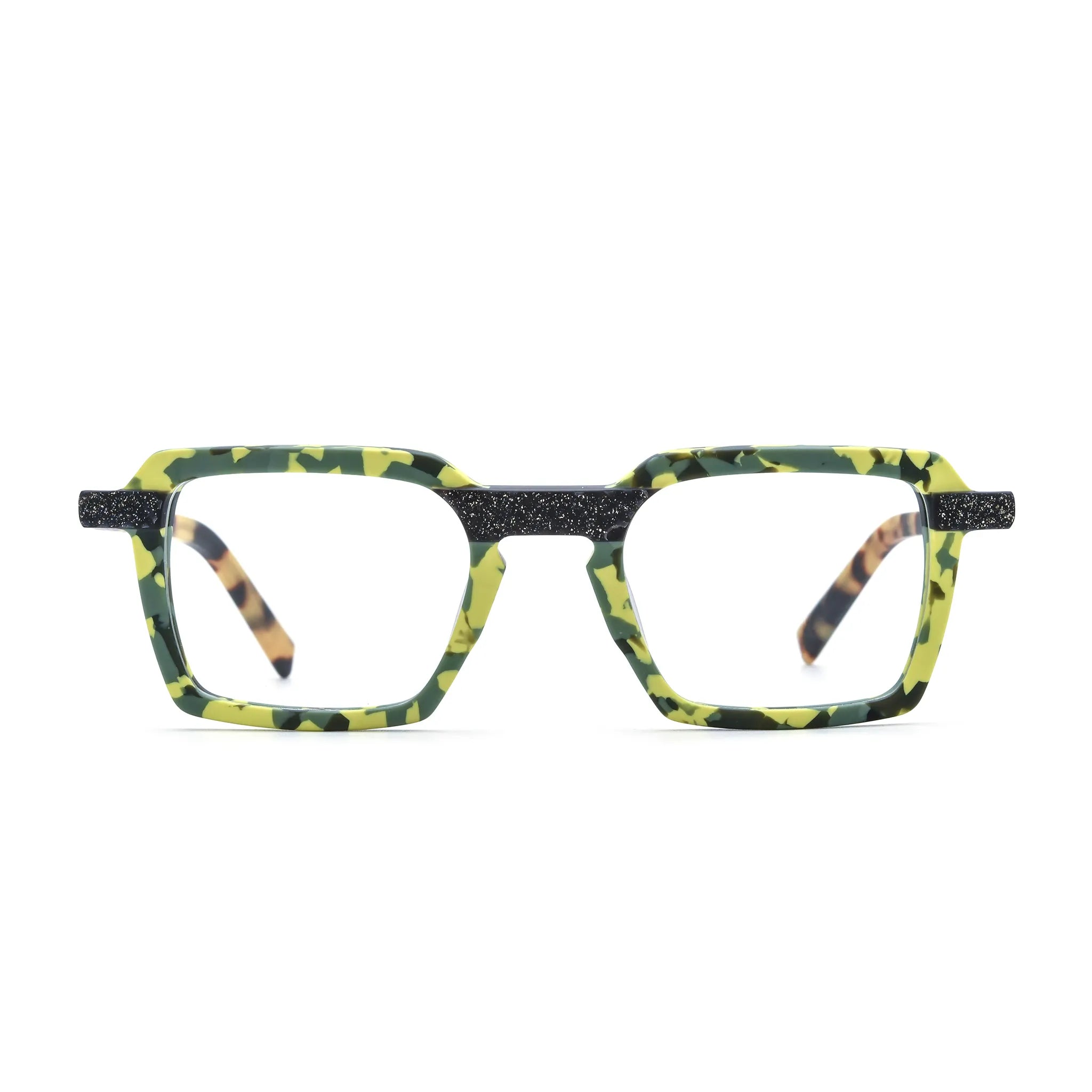 Barledear Electric Moss Tortoise square eyeglasses front view with a yellow green patchwork acetate frame