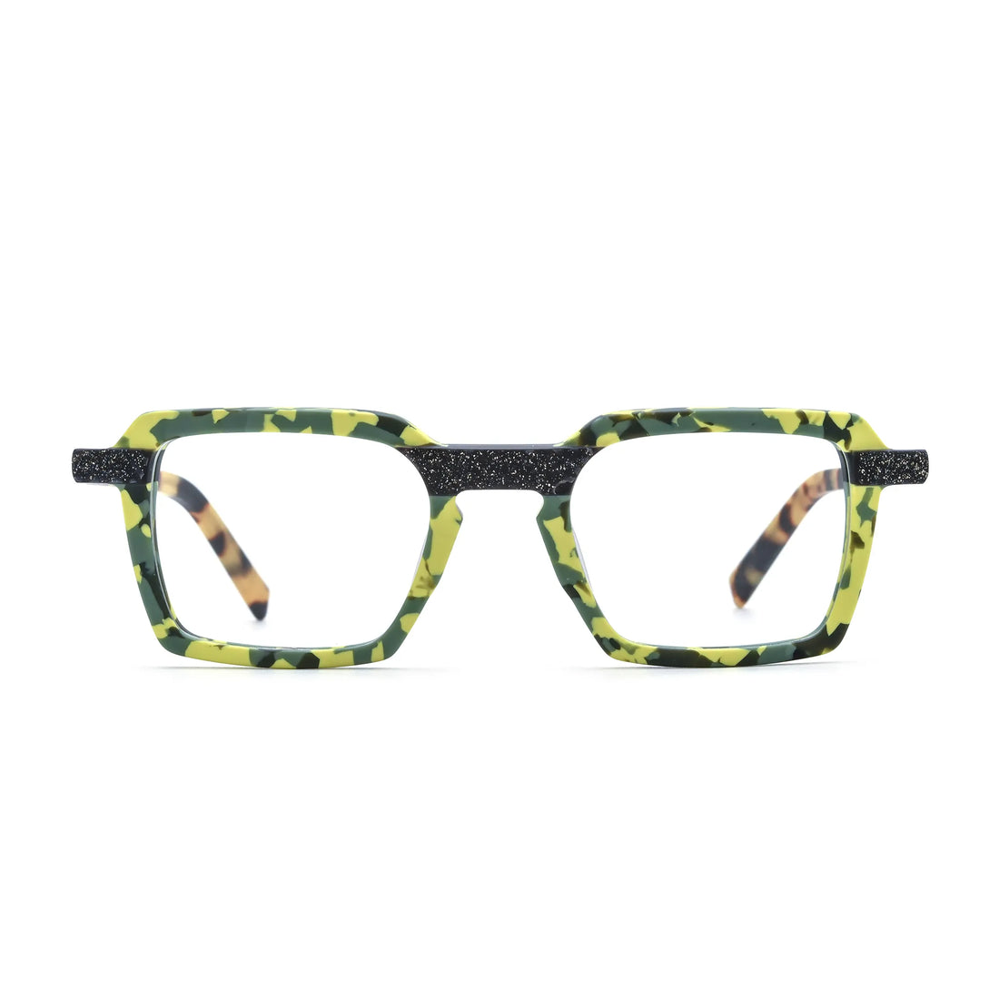 Barledear Electric Moss Tortoise square eyeglasses front view with a yellow green patchwork acetate frame