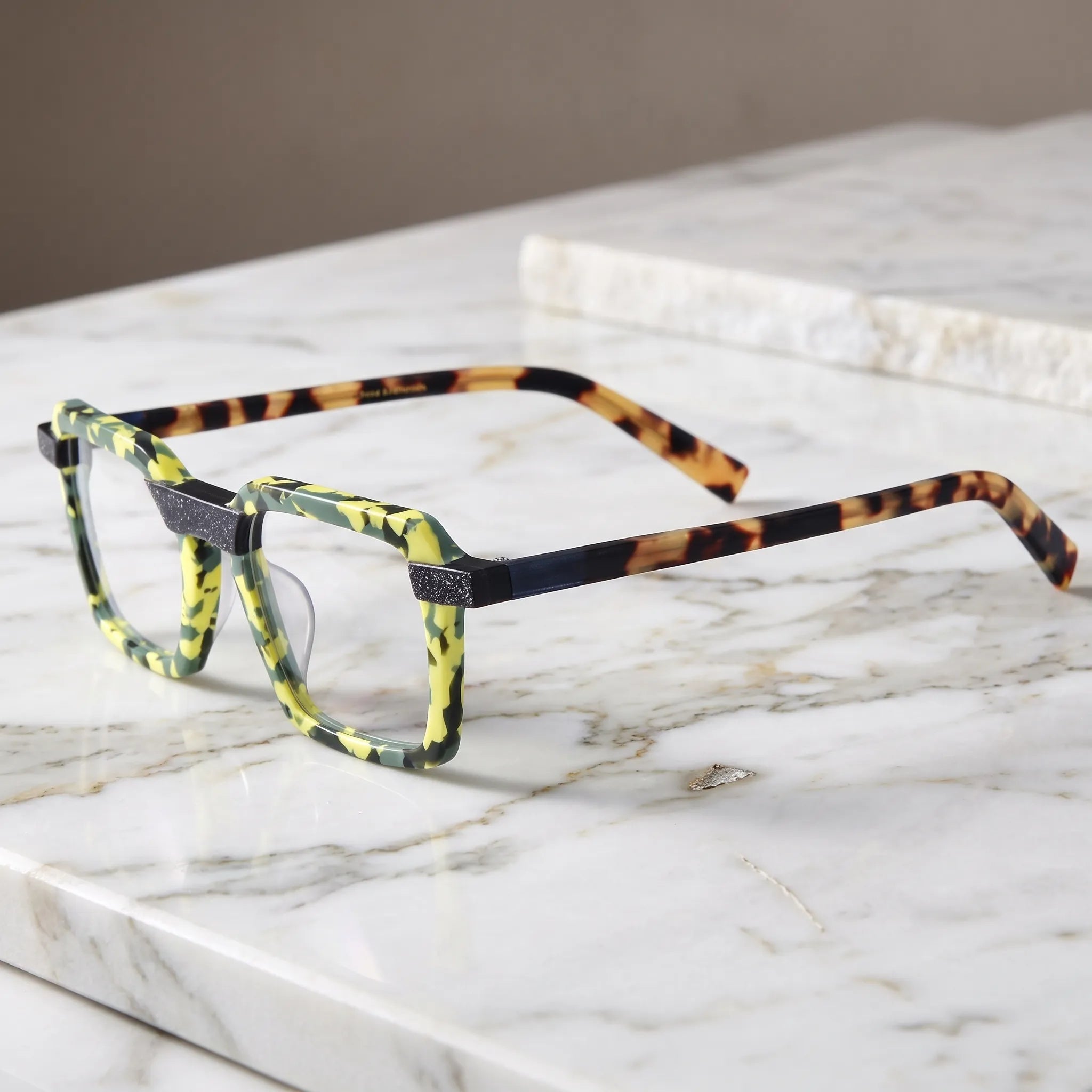 Barledear Electric Moss Tortoise square eyeglasses angled side view showing the black bridge and patterned temples