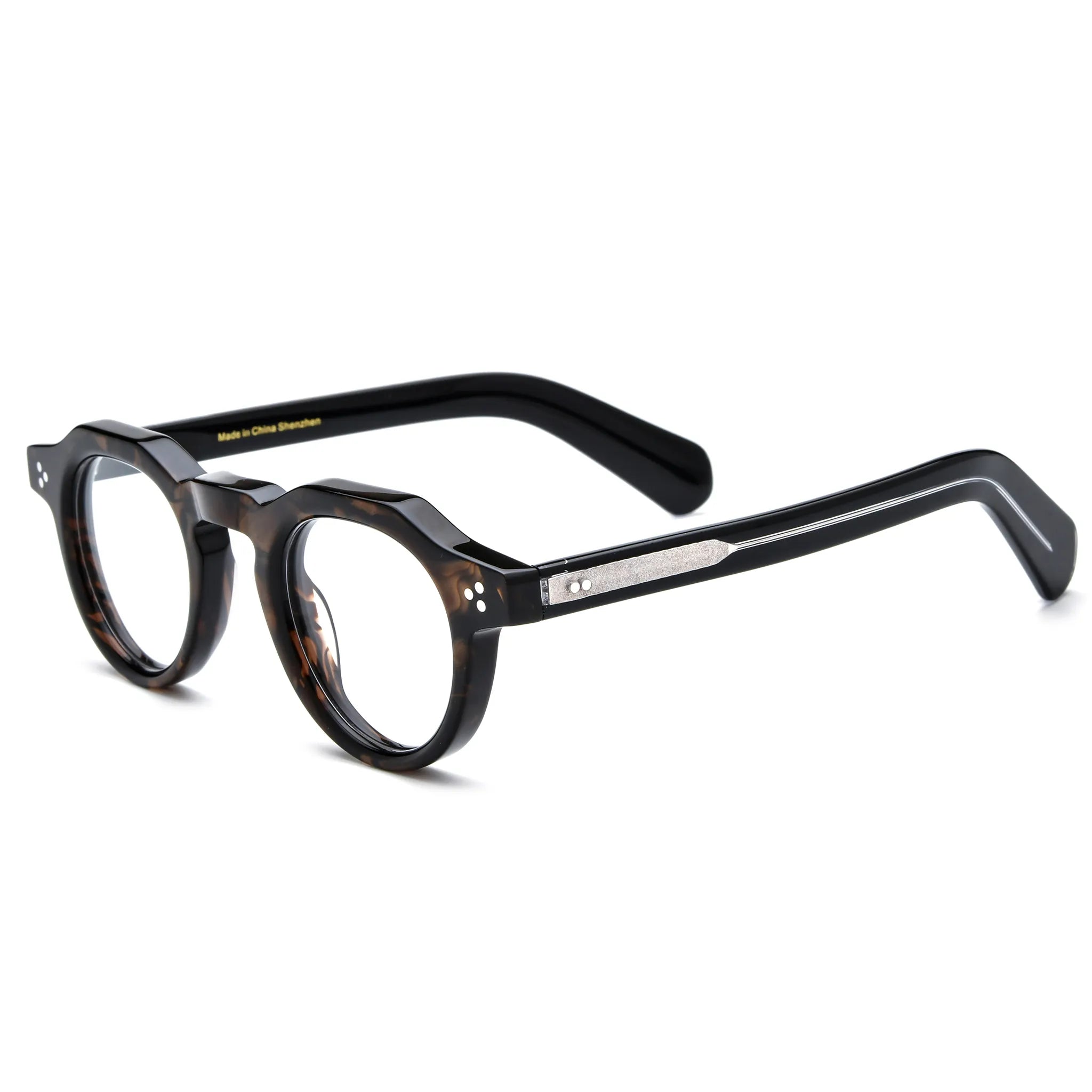 Barledear Espresso Tortoise retro geometric acetate eyeglasses showing the keyhole bridge, rivet accents, and tortoise pattern