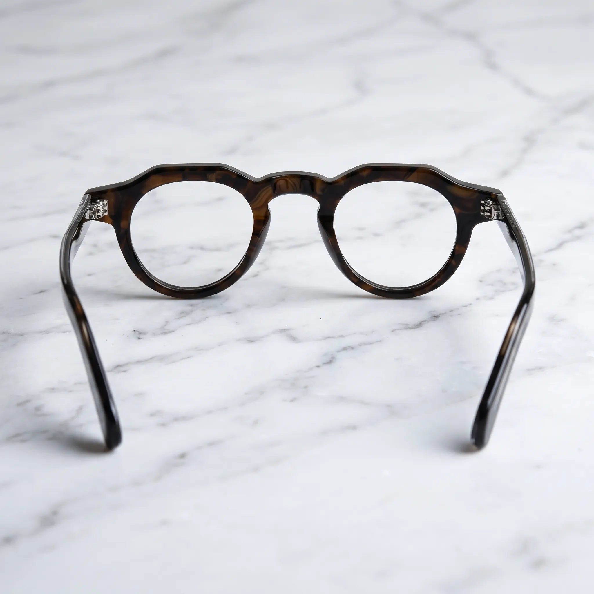 Barledear Espresso Tortoise retro geometric acetate eyeglasses showing the full-rim structure and curved dark temple tips
