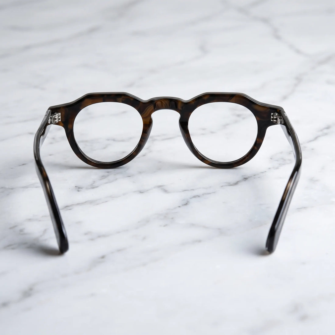 Barledear Espresso Tortoise retro geometric acetate eyeglasses showing the full-rim structure and curved dark temple tips