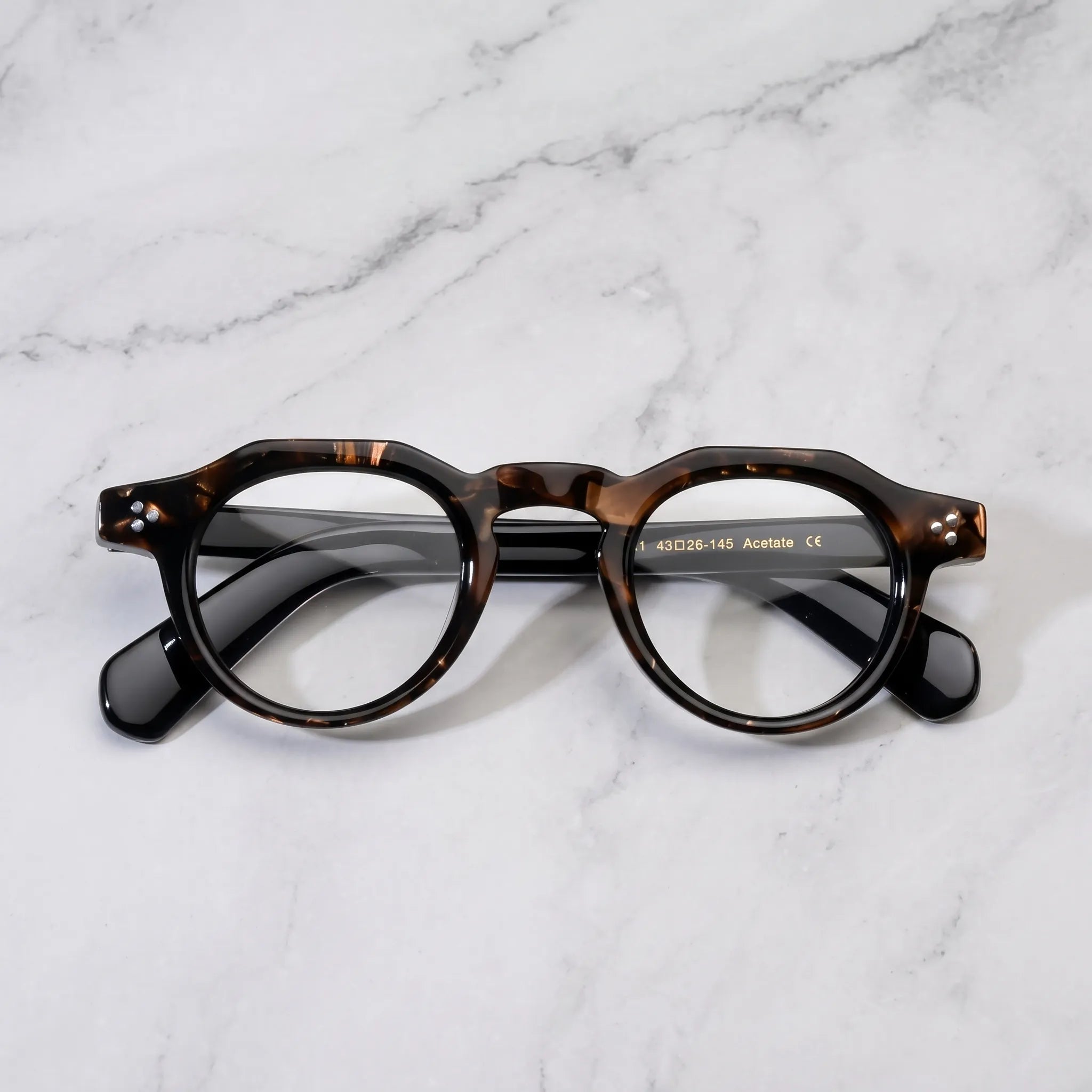 Barledear Espresso Tortoise retro geometric acetate eyeglasses showing the tortoise front frame and dark polished temples