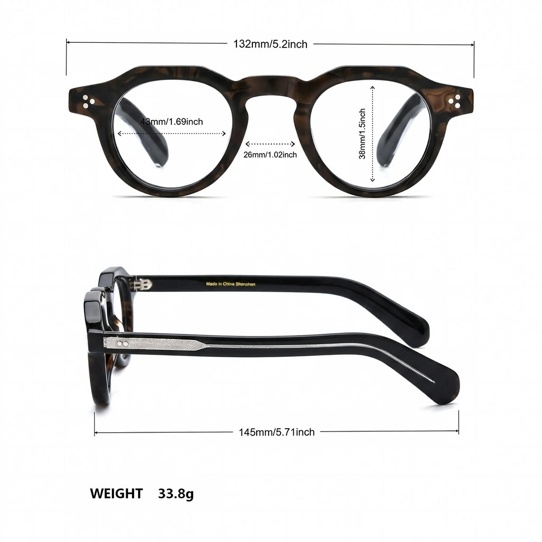 Barledear Espresso Tortoise retro geometric acetate eyeglasses showing 132 mm frame width, 43 mm lens width, 38 mm lens height, 26 mm bridge, and 145 mm temples