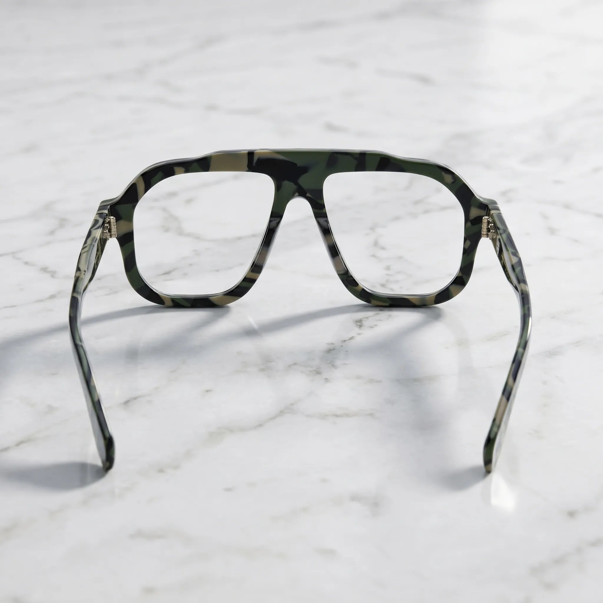 Barledear Field Camo Green eyeglasses back view showing the full-rim square aviator structure, integrated nose pads and camouflage temples
