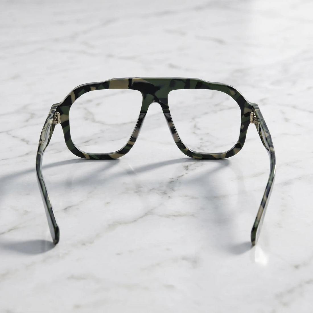 Barledear Field Camo Green eyeglasses back view showing the full-rim square aviator structure, integrated nose pads and camouflage temples