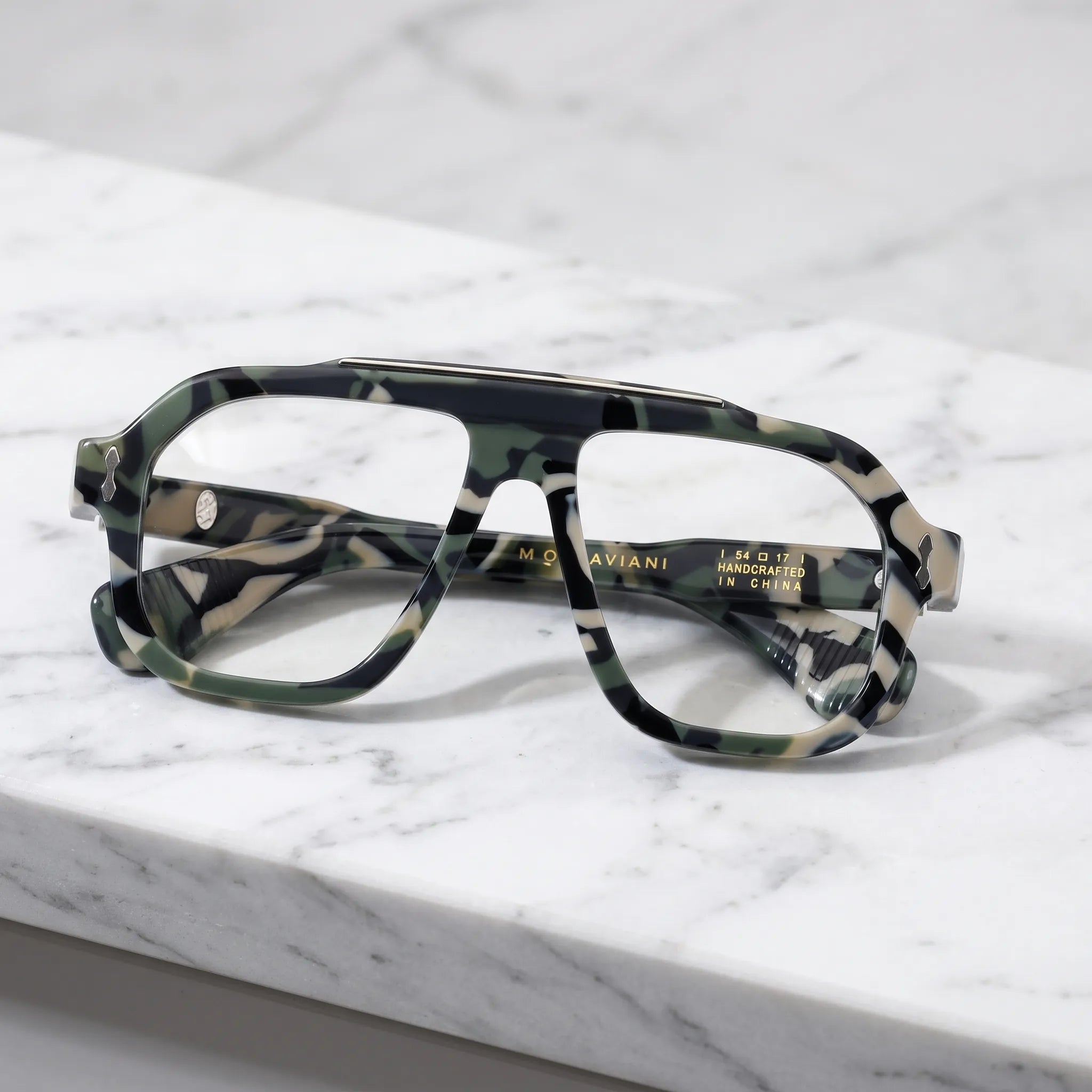 Barledear Field Camo Green eyeglasses folded display showing the camouflage acetate front, matching temples and decorative metal details