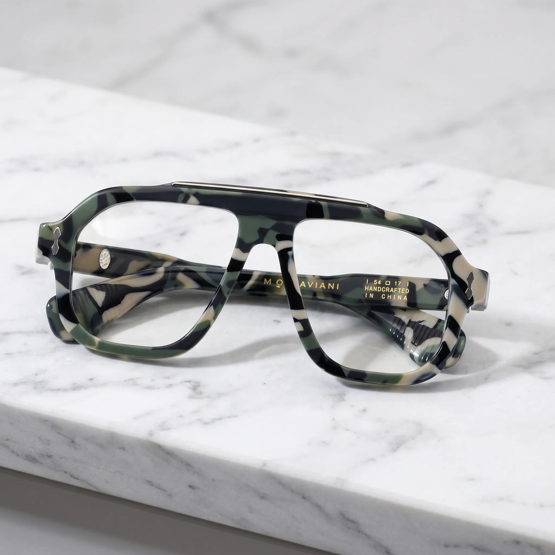 Barledear Field Camo Green eyeglasses folded display showing the camouflage acetate front, matching temples and decorative metal details