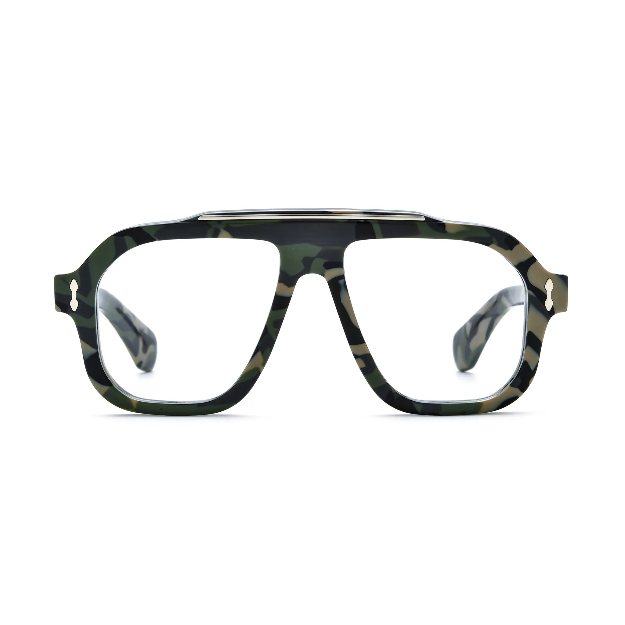 Barledear Field Camo Green square aviator acetate eyeglasses front view with green black and beige camouflage pattern