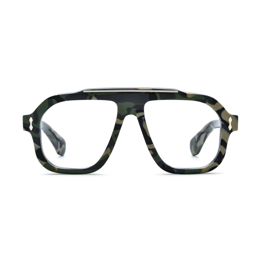 Barledear Field Camo Green square aviator acetate eyeglasses front view with green black and beige camouflage pattern