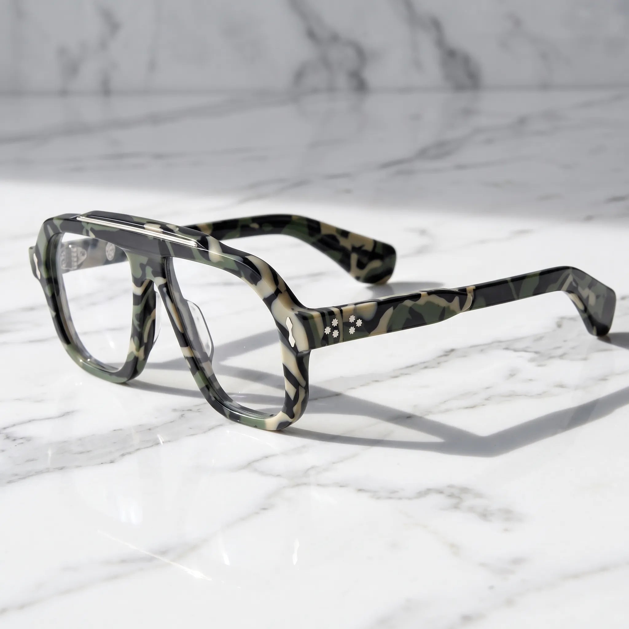 Barledear Field Camo Green eyeglasses angled side view showing matching camouflage temples, metal inlays and reinforced screw hinges