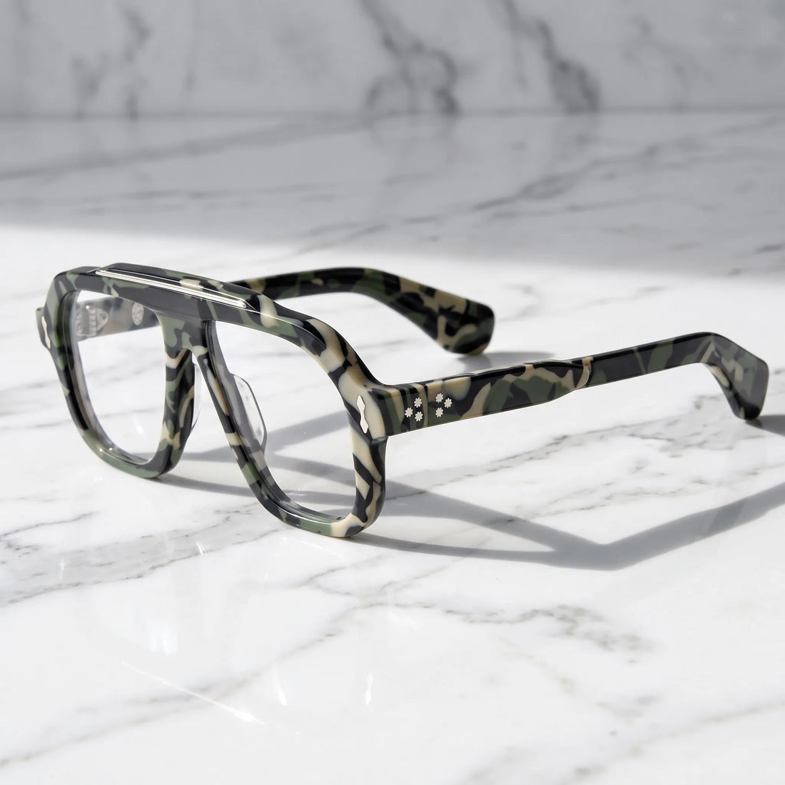 Barledear Field Camo Green eyeglasses angled side view showing matching camouflage temples, metal inlays and reinforced screw hinges
