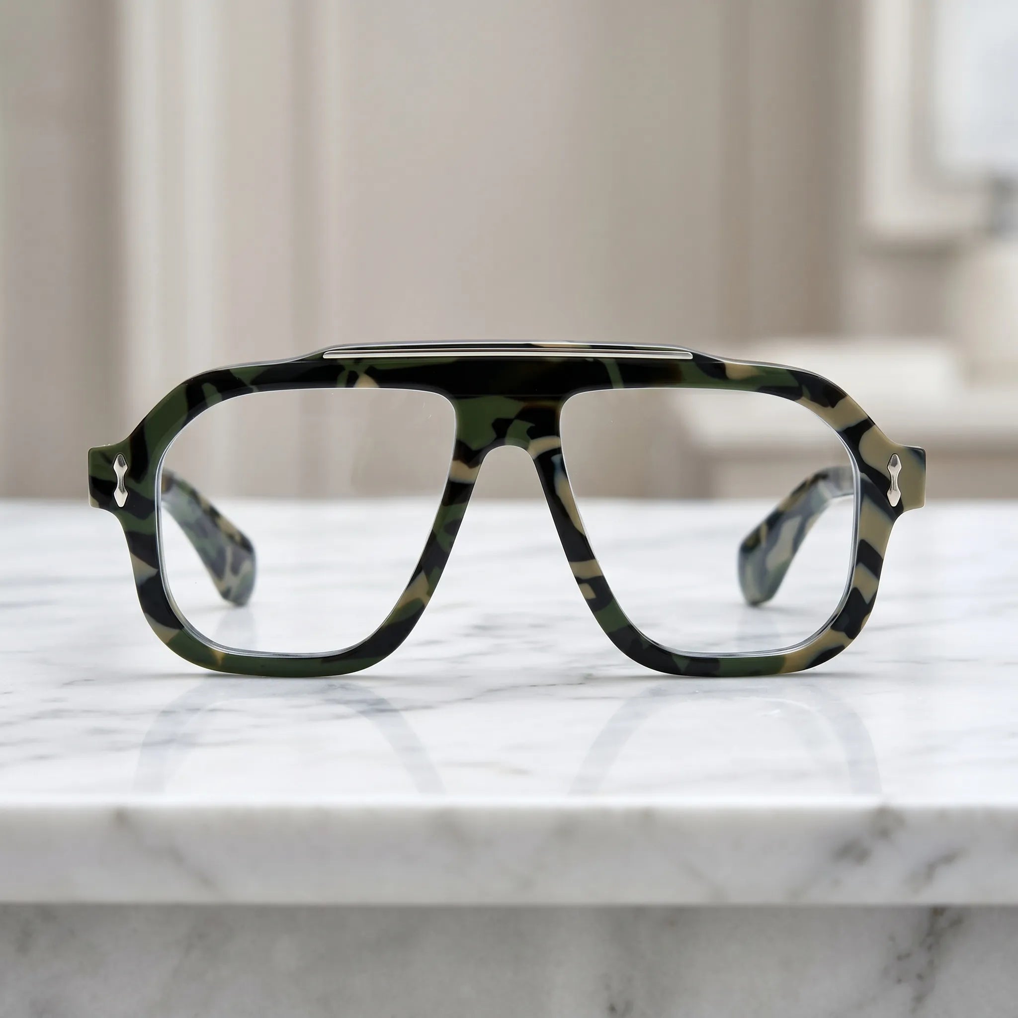 Barledear Field Camo Green square aviator eyeglasses displayed in a clean lifestyle front view with camouflage-pattern acetate frame