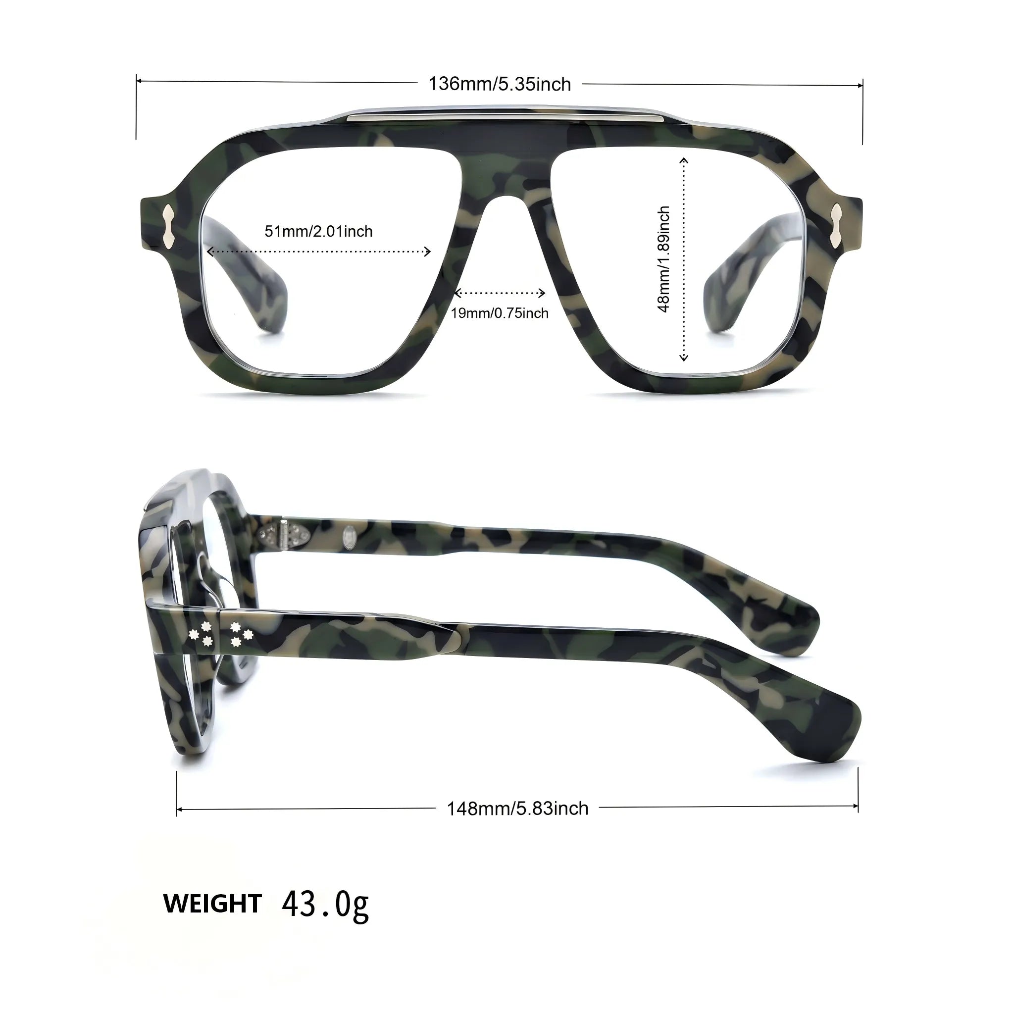 Barledear Field Camo Green eyeglasses size chart showing 136 mm frame width, 51 mm lens width, 48 mm lens height, 19 mm bridge, 148 mm temple length and 43 g weight