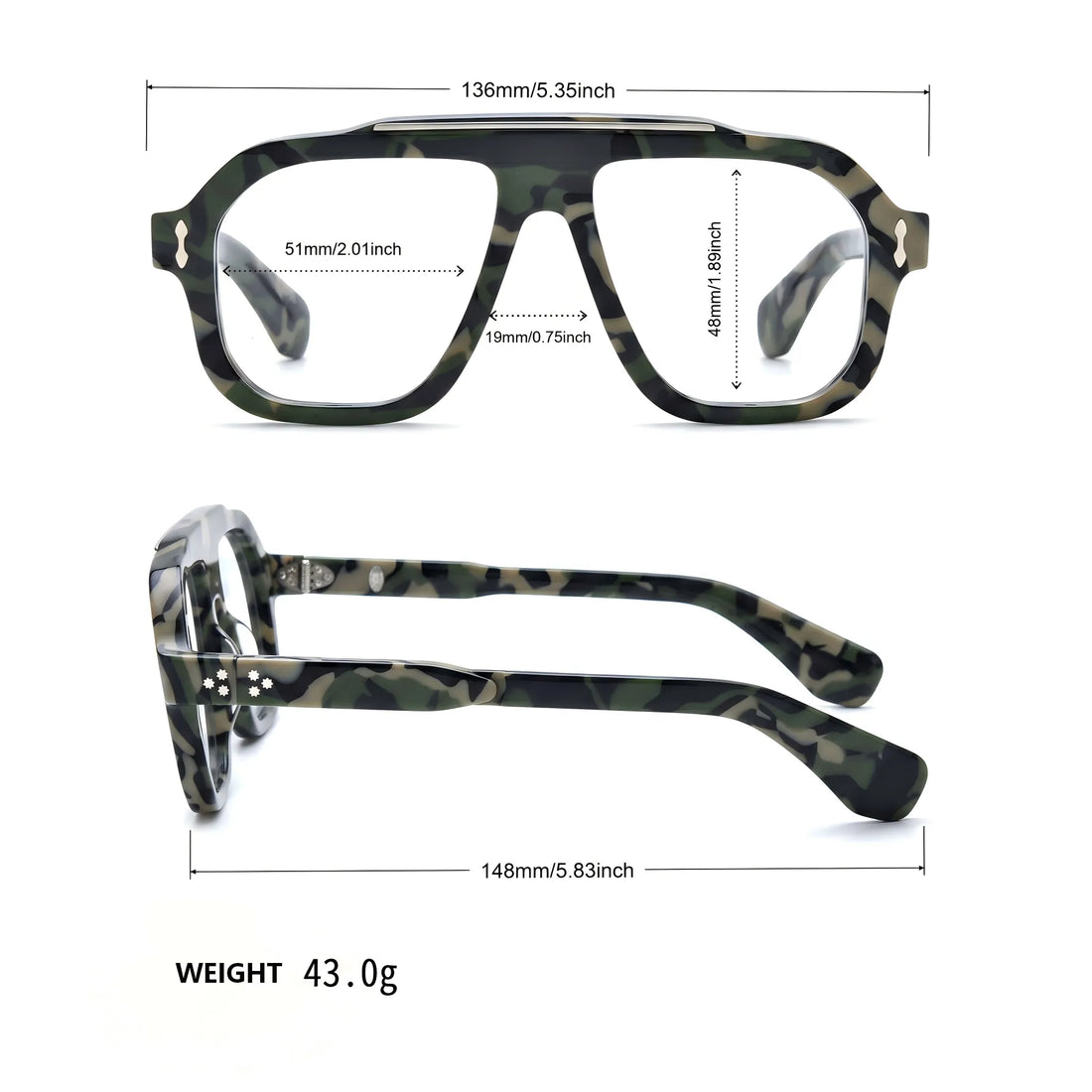 Barledear Field Camo Green eyeglasses size chart showing 136 mm frame width, 51 mm lens width, 48 mm lens height, 19 mm bridge, 148 mm temple length and 43 g weight