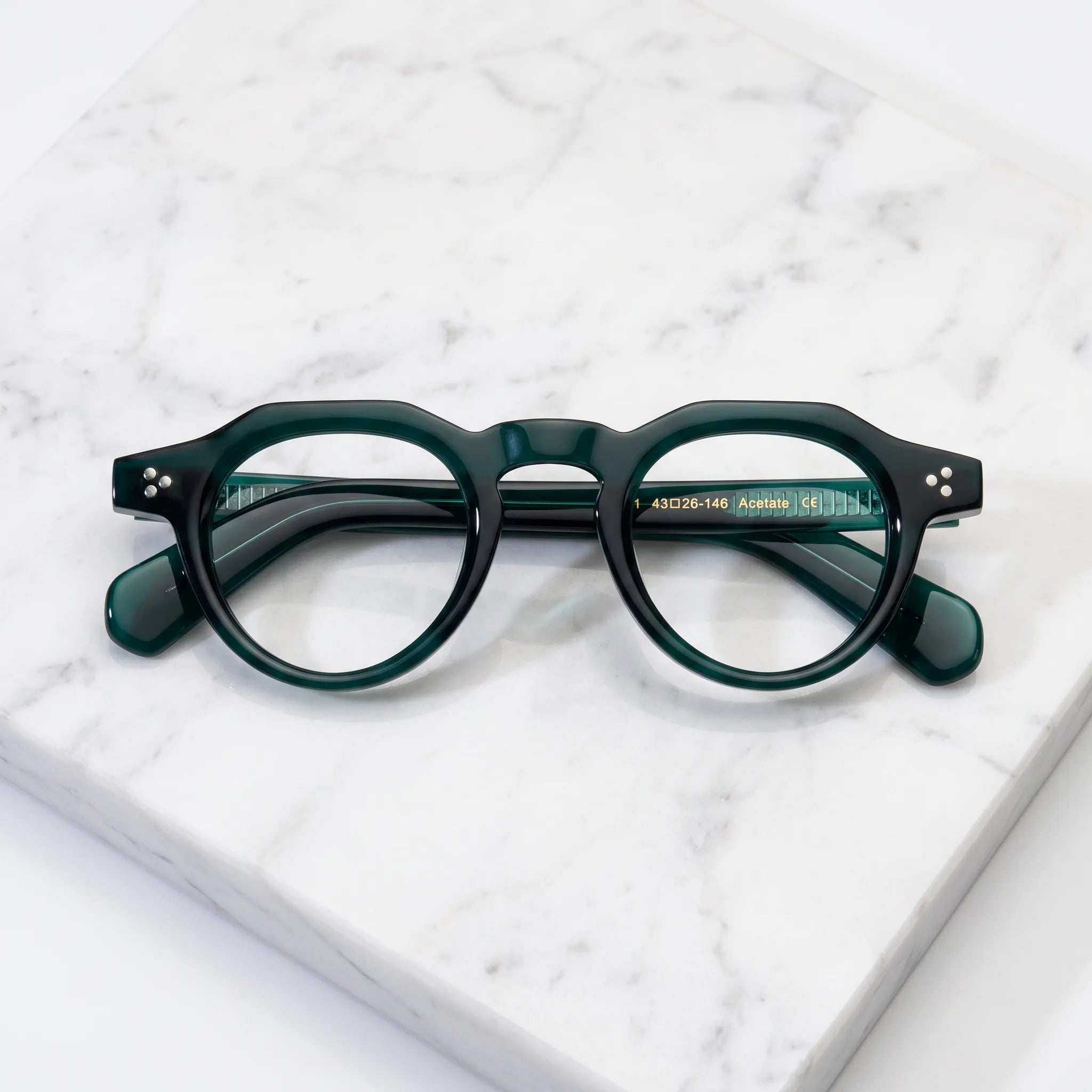 Barledear Forest Emerald retro geometric acetate eyeglasses showing translucent acetate temples and embedded metal temple cores