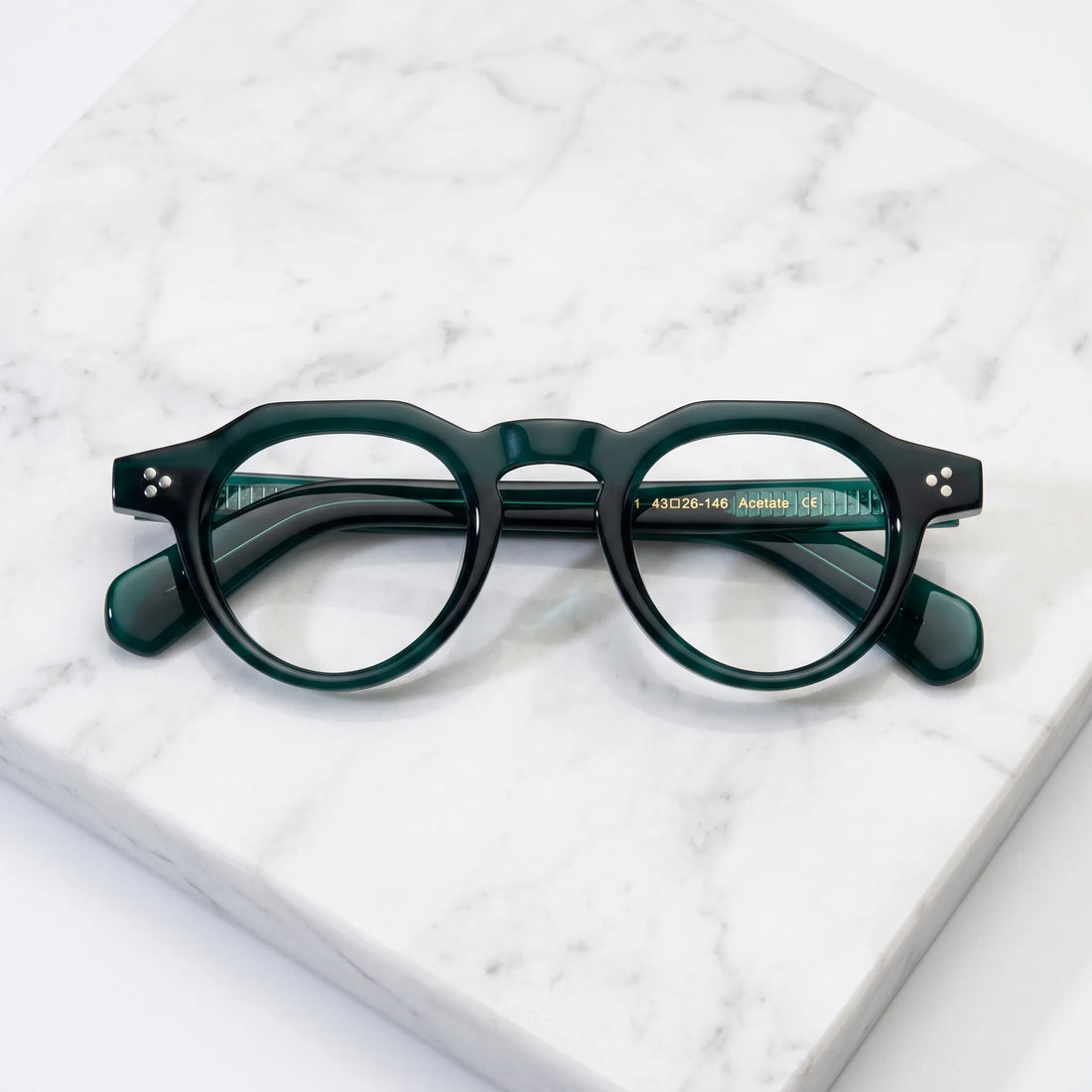 Barledear Forest Emerald retro geometric acetate eyeglasses showing translucent acetate temples and embedded metal temple cores