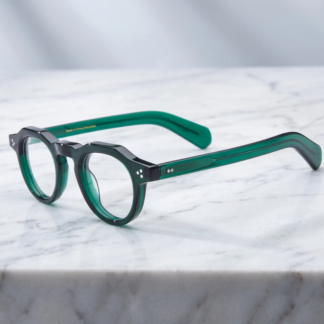Barledear Forest Emerald retro geometric acetate eyeglasses showing the keyhole bridge, rivet accents, and temple construction