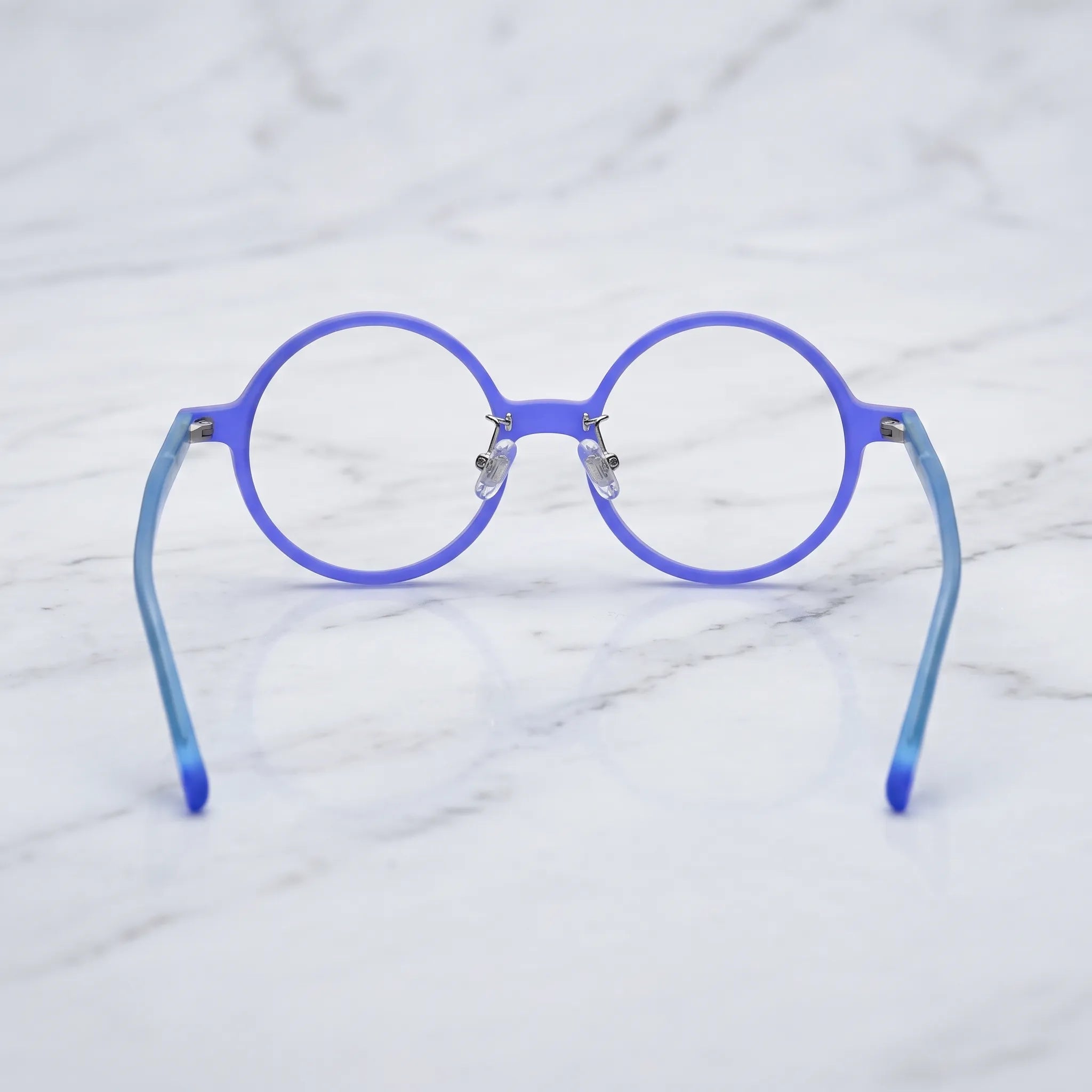 Barledear Frosted Iris Blue round acetate eyeglasses back view showing full-rim frame structure, clear nose pads, and temple shape