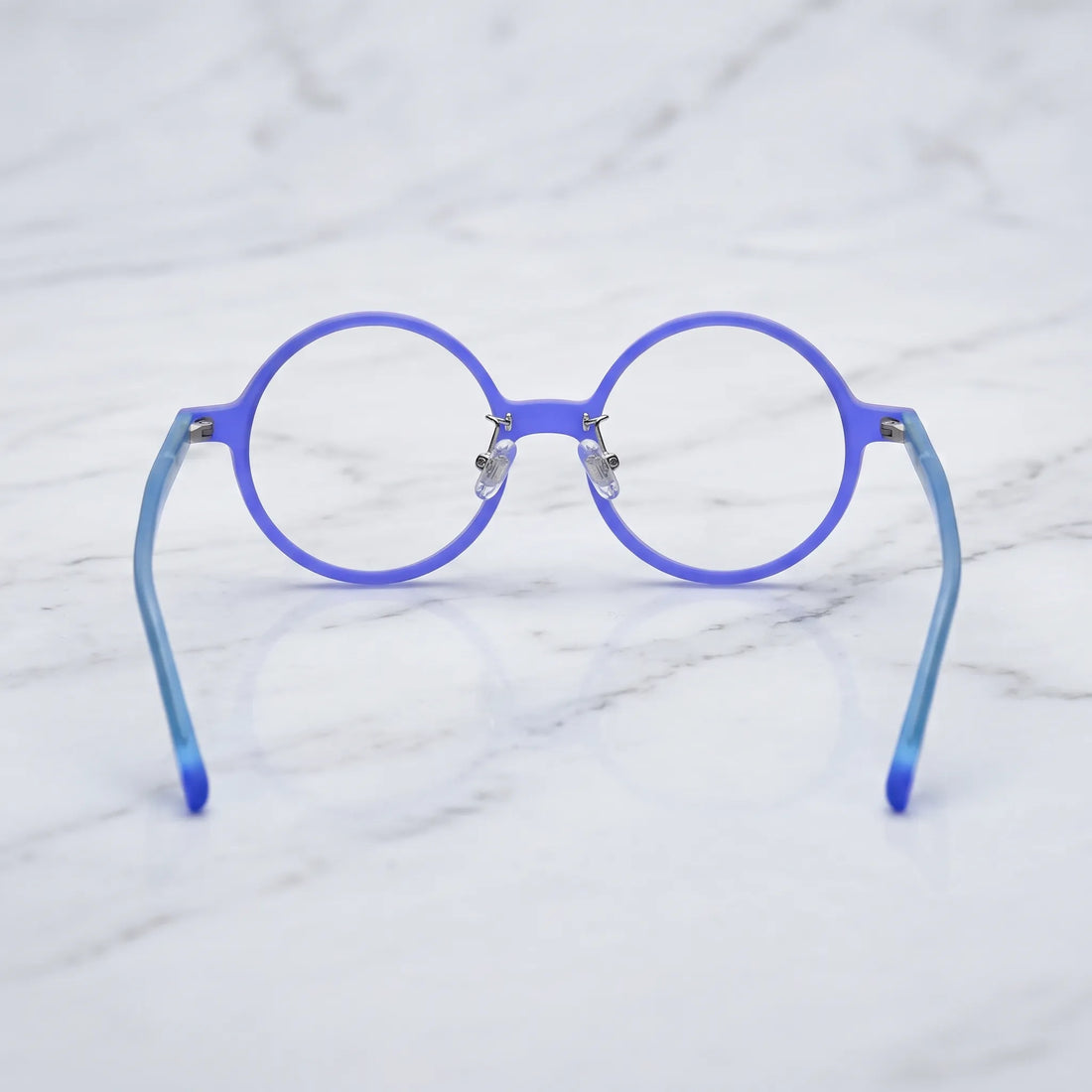 Barledear Frosted Iris Blue round acetate eyeglasses back view showing full-rim frame structure, clear nose pads, and temple shape