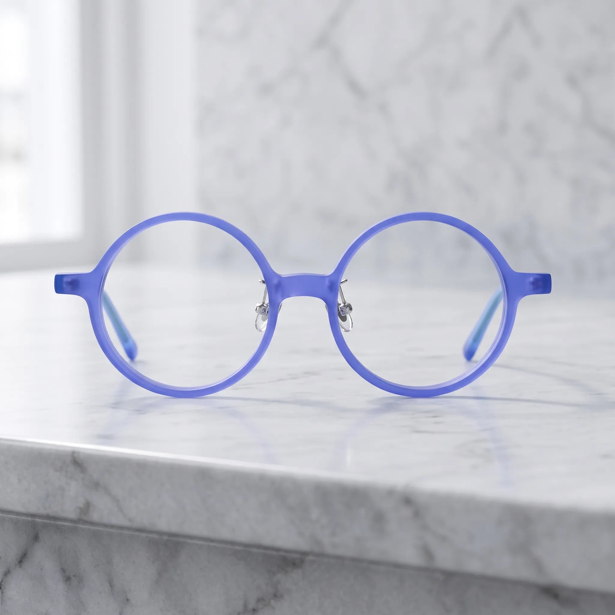 Barledear Frosted Iris Blue round acetate eyeglasses shown in a clean lifestyle front view with blue frame and light blue temples