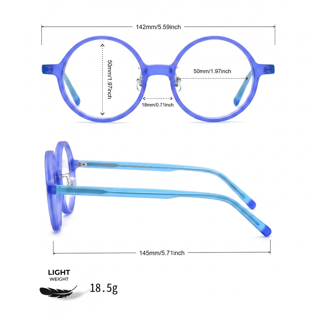 Barledear Frosted Iris Blue round acetate eyeglasses size chart with 142 mm frame width, 50 mm lens width, 50 mm lens height, 18 mm bridge, 145 mm temple length, and 18.5 g lightweight frame