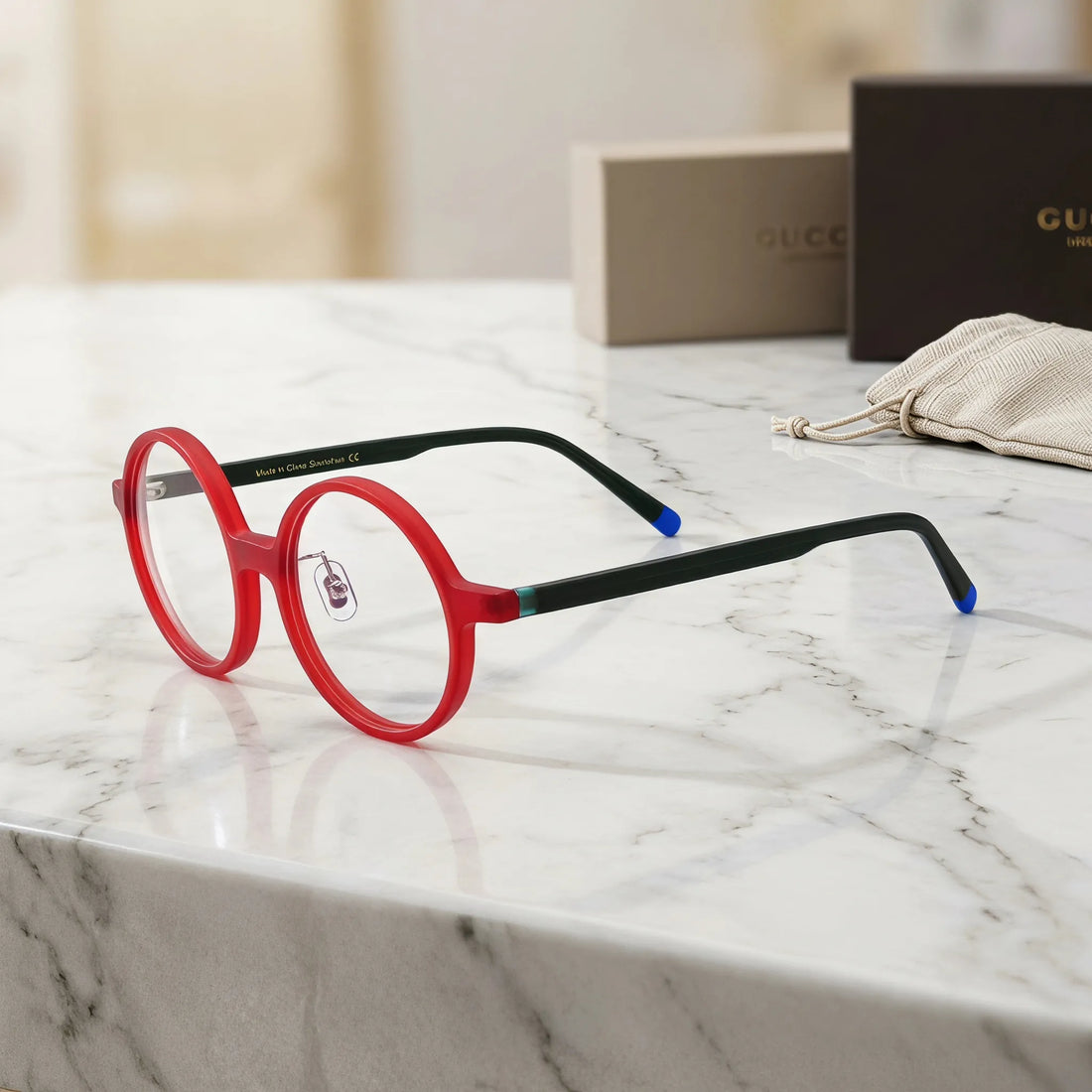 Barledear Frosted Ruby Teal round acetate eyeglasses angled side view showing slim acetate temples, bridge detail, and adjustable nose pads