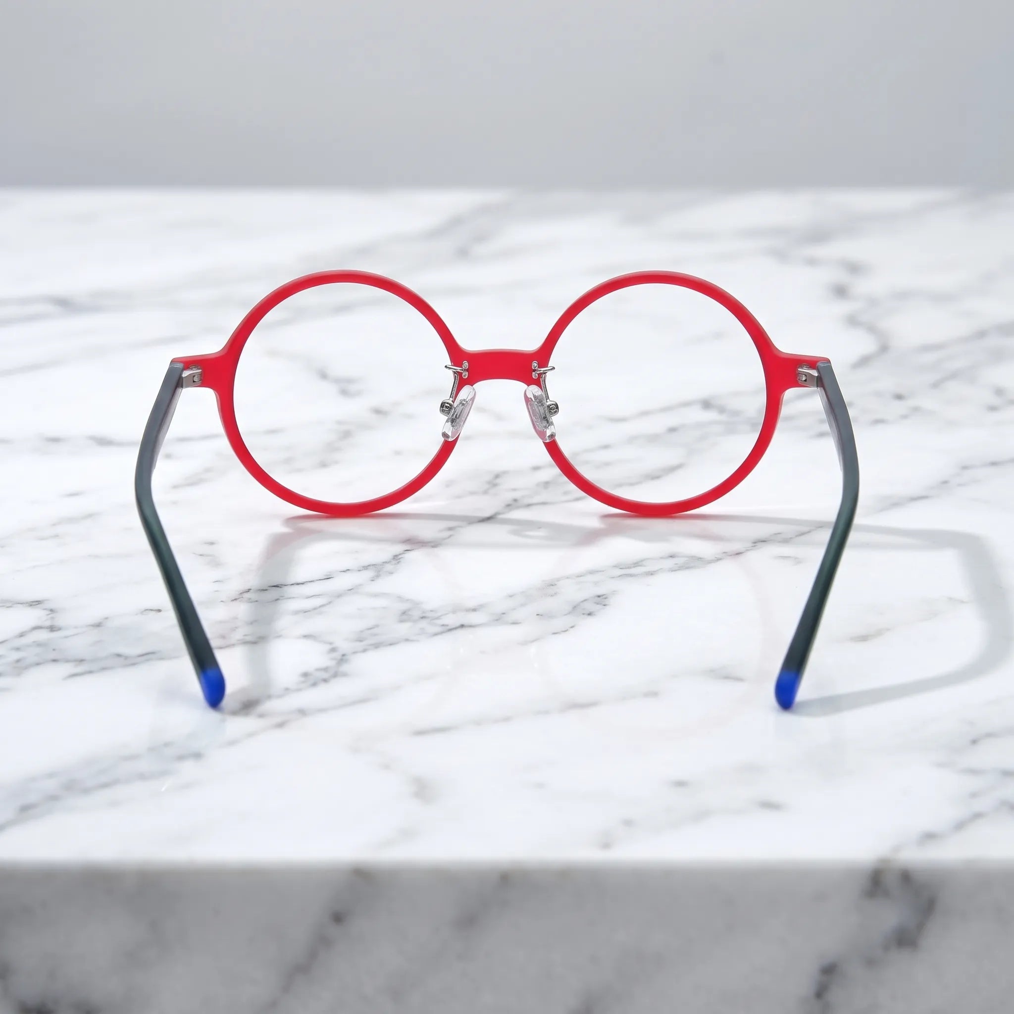 Barledear Frosted Ruby Teal round acetate eyeglasses back view showing full-rim frame structure, clear nose pads, and temple shape