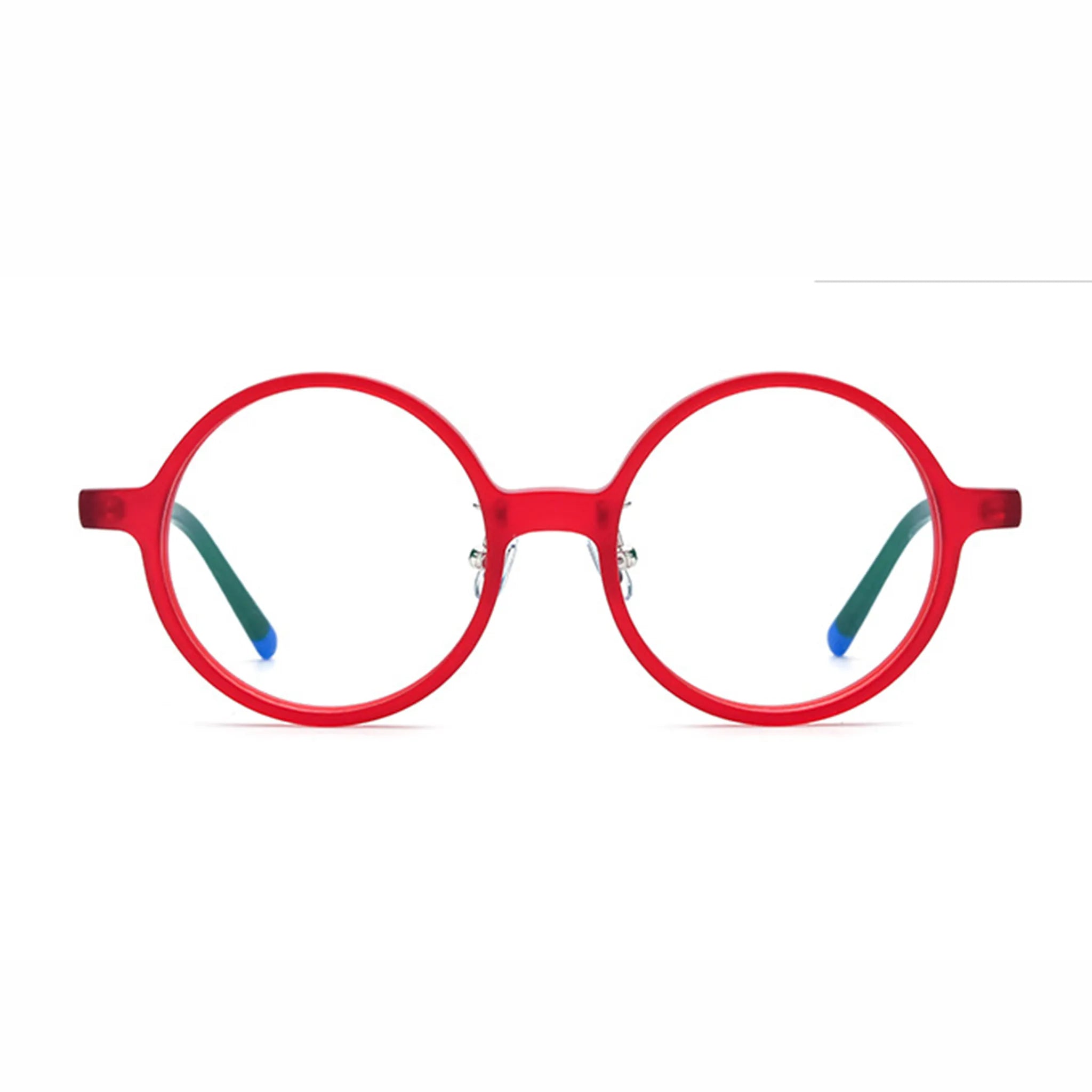 Barledear Frosted Ruby Teal round acetate eyeglasses front view with lightweight full-rim frame and bold frosted red finish
