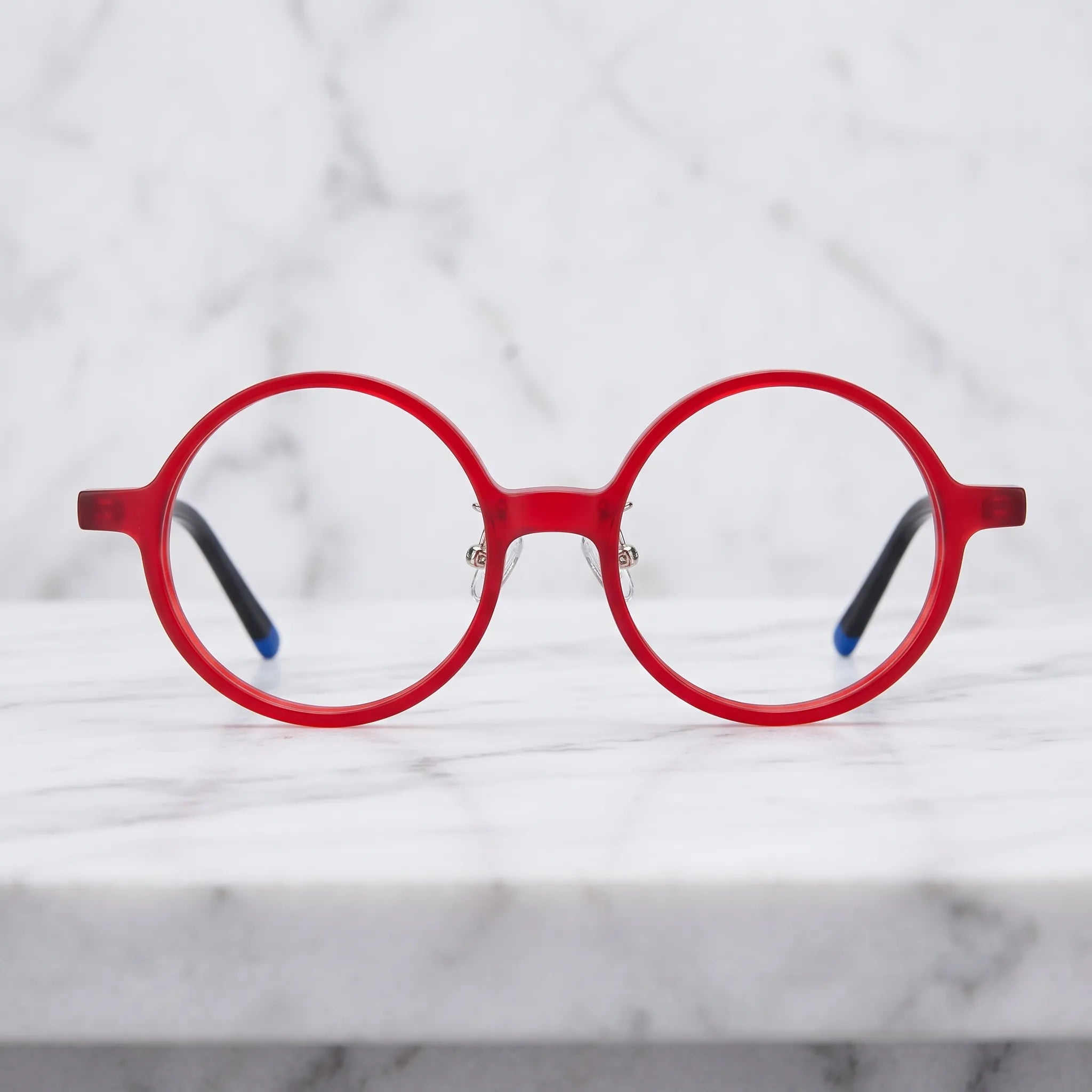 Barledear Frosted Ruby Teal round acetate eyeglasses shown in a clean lifestyle front view with red frame and deep teal temples