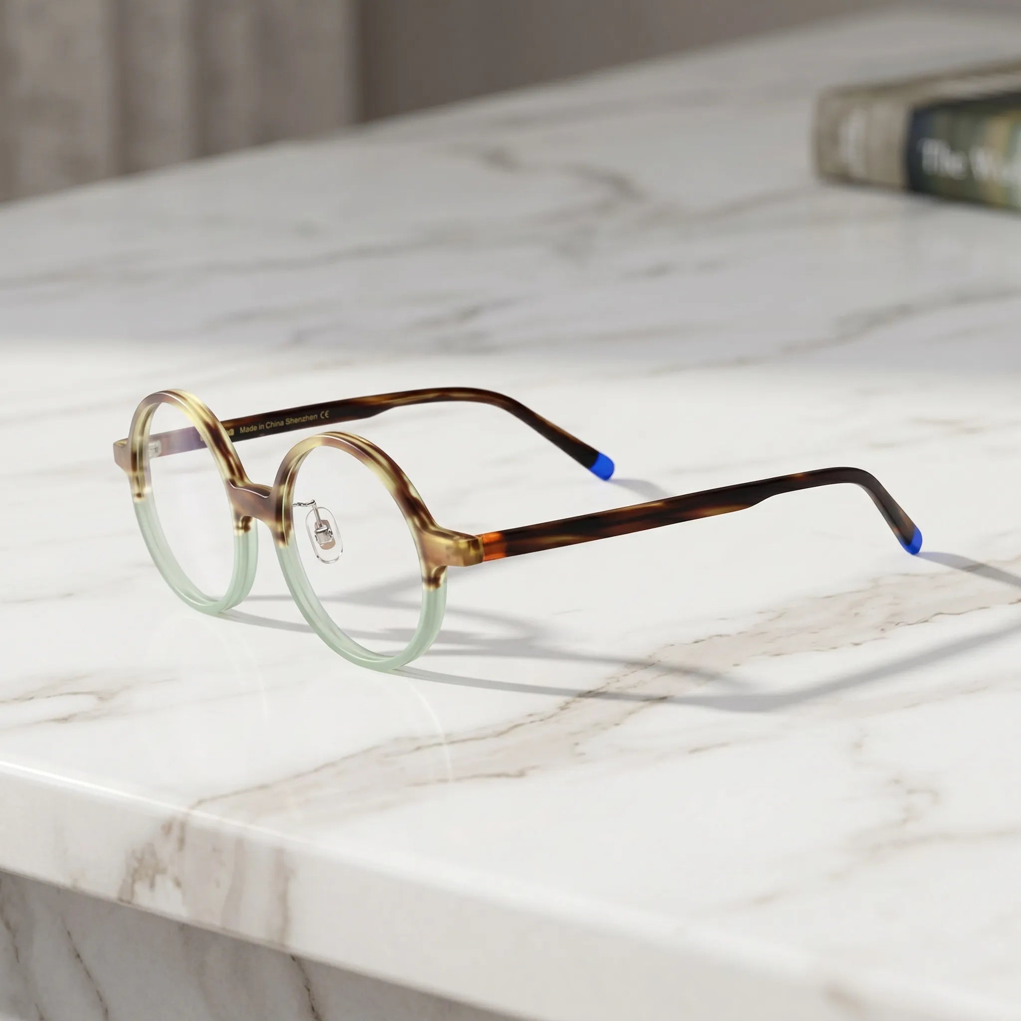 Barledear Frosted Sage Tortoise round acetate eyeglasses angled side view showing slim acetate temples, bridge detail, and adjustable nose pads