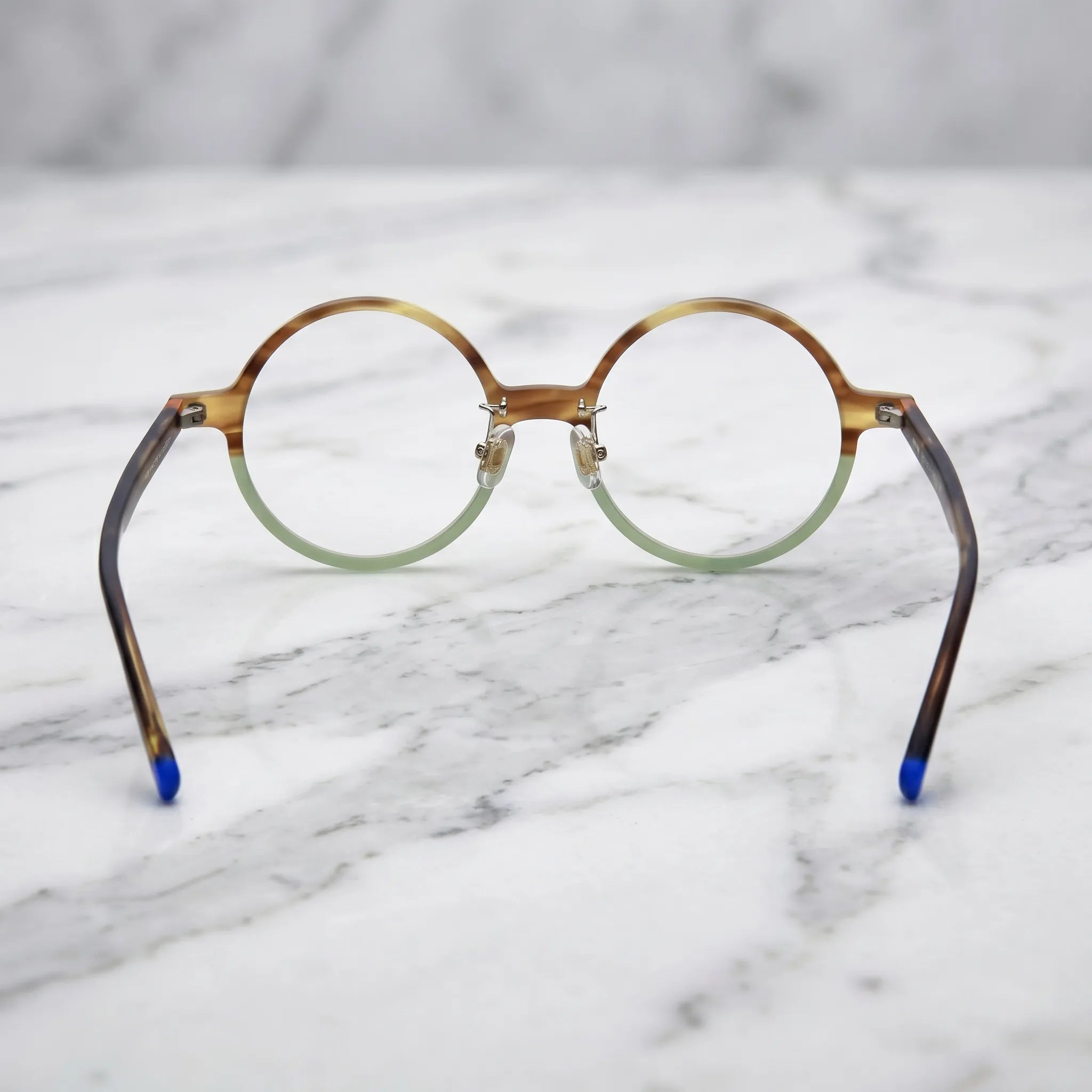 Barledear Frosted Sage Tortoise round acetate eyeglasses back view showing full-rim frame structure, clear nose pads, and temple shape