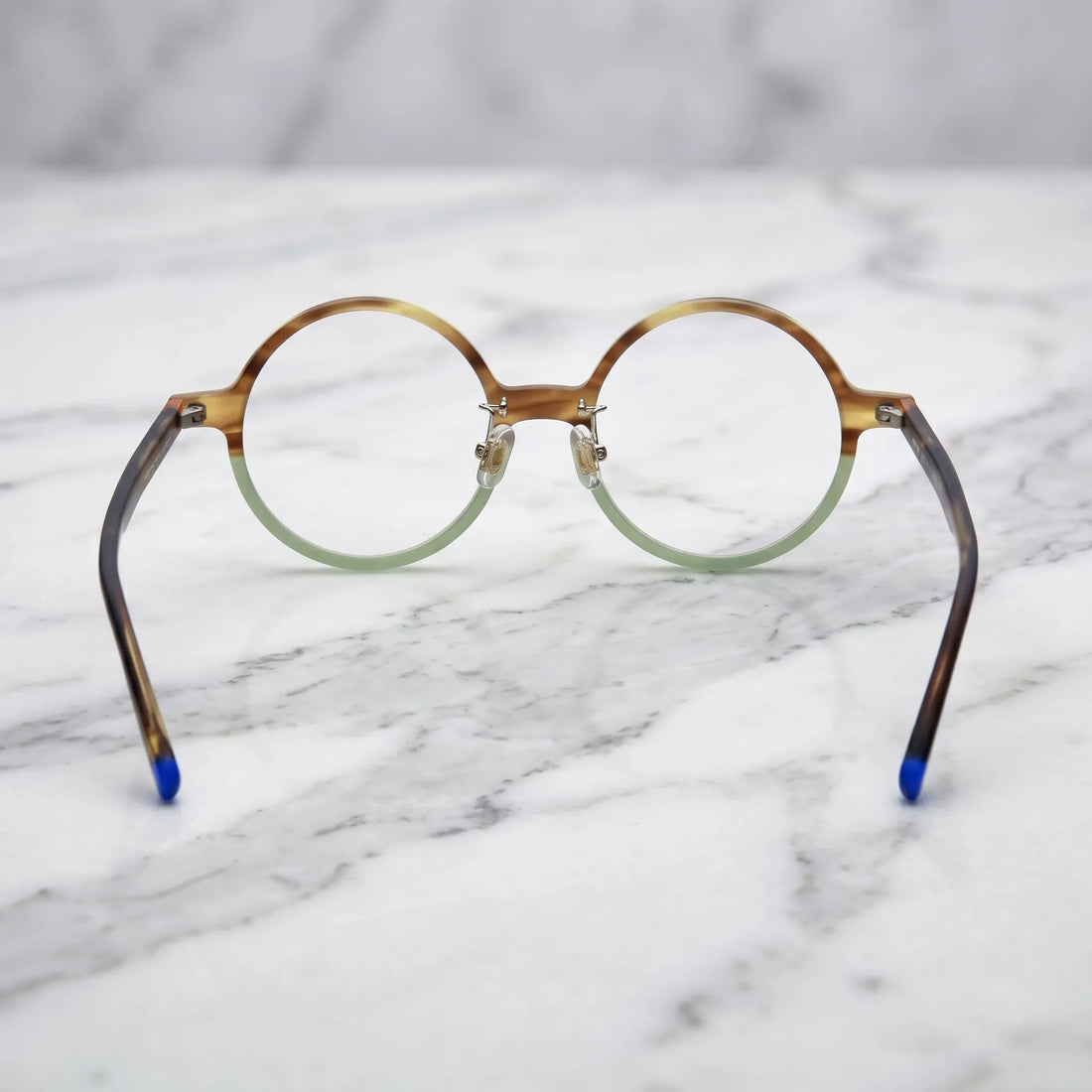 Barledear Frosted Sage Tortoise round acetate eyeglasses back view showing full-rim frame structure, clear nose pads, and temple shape