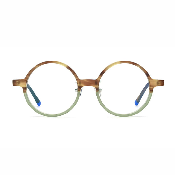 Barledear Frosted Sage Tortoise round acetate eyeglasses front view with lightweight full-rim frame and soft frosted finish