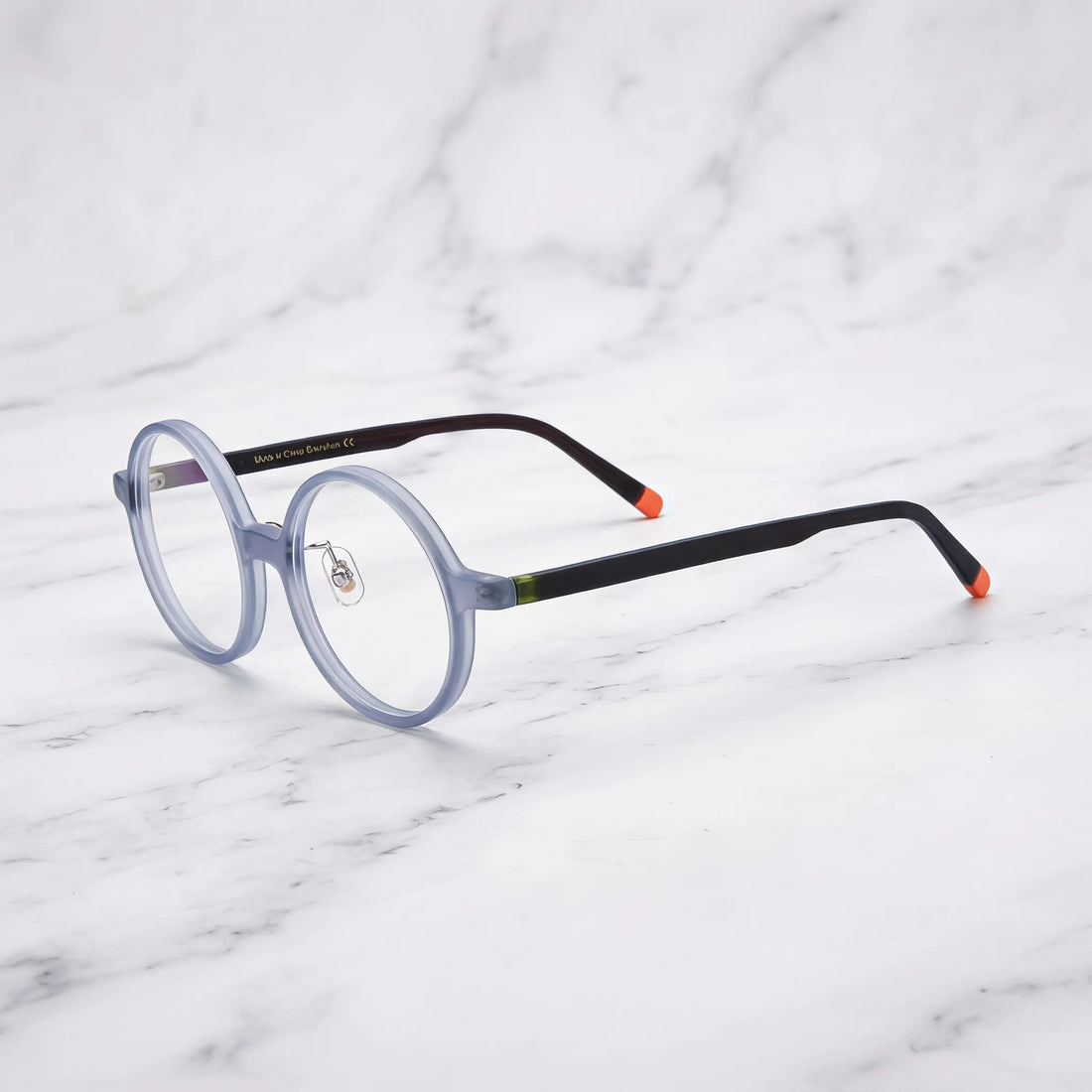 Barledear Frosted Smoke Ember round acetate eyeglasses angled side view showing slim acetate temples, bridge detail, and adjustable nose pads