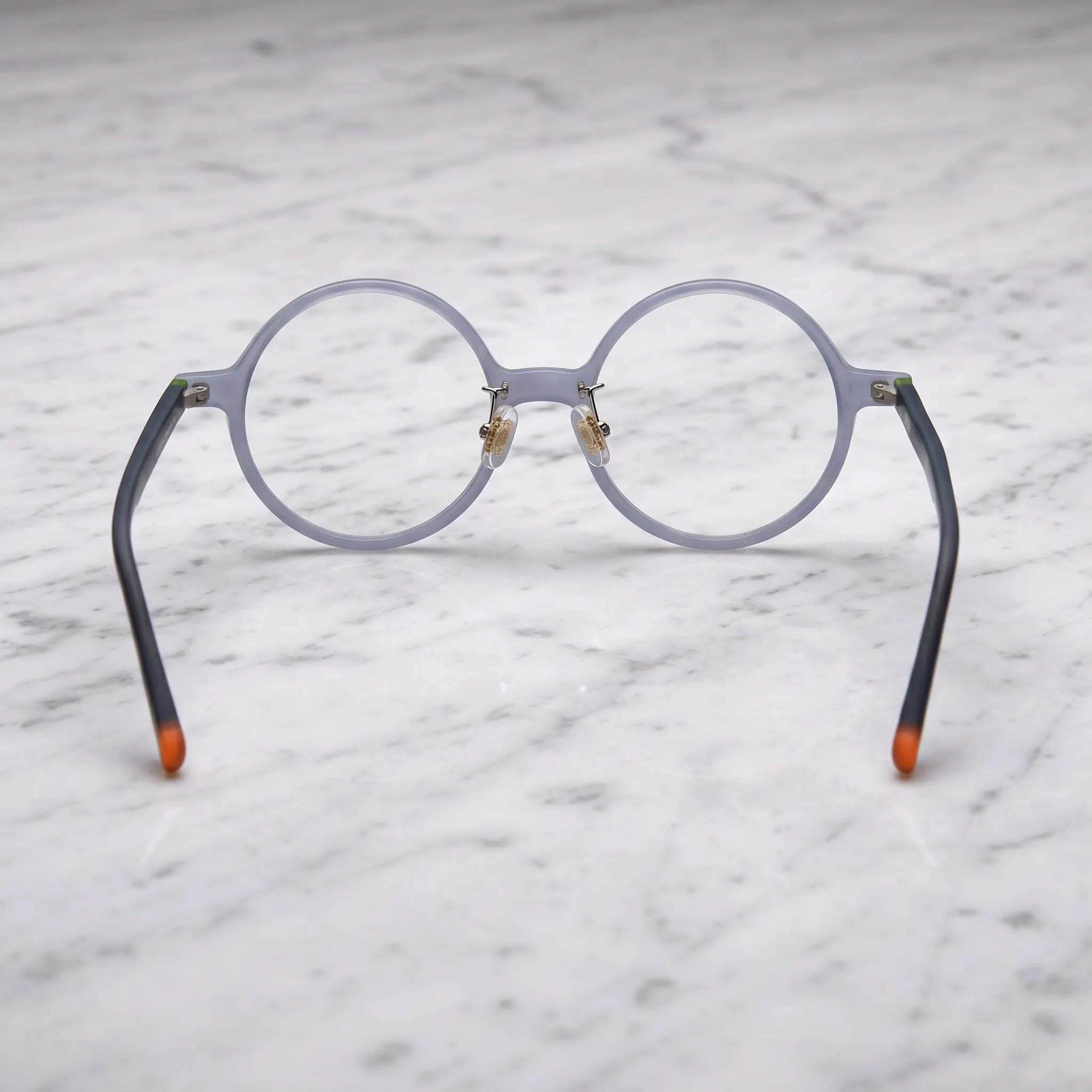 Barledear Frosted Smoke Ember round acetate eyeglasses back view showing full-rim frame structure, clear nose pads, and temple shape