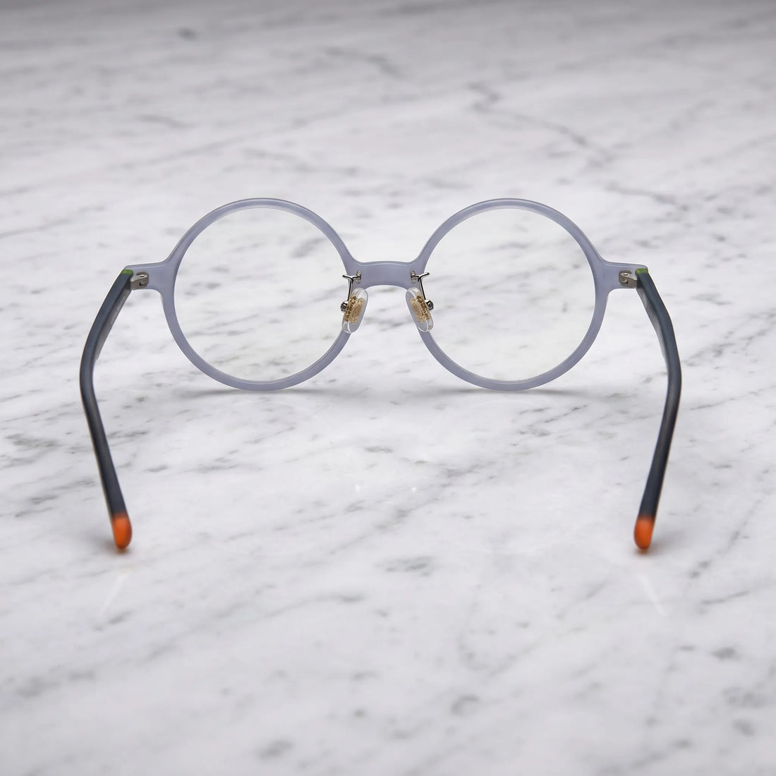 Barledear Frosted Smoke Ember round acetate eyeglasses back view showing full-rim frame structure, clear nose pads, and temple shape