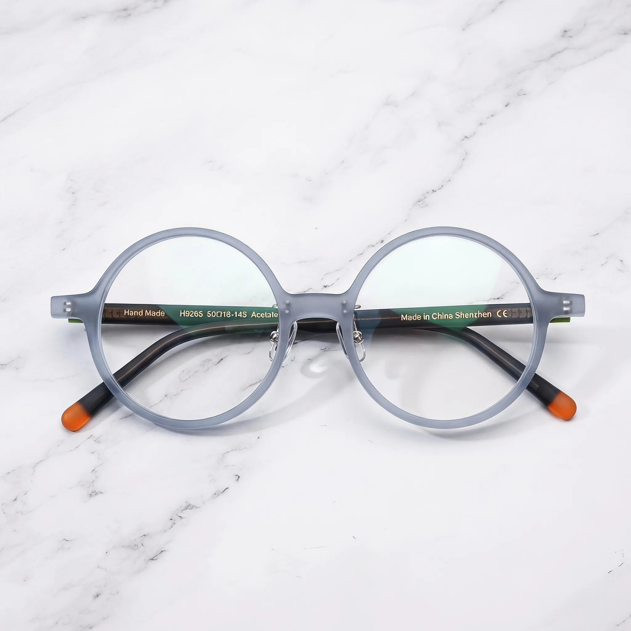 Barledear Frosted Smoke Ember round acetate eyeglasses folded display showing frame shape, slim temples, and orange temple tips