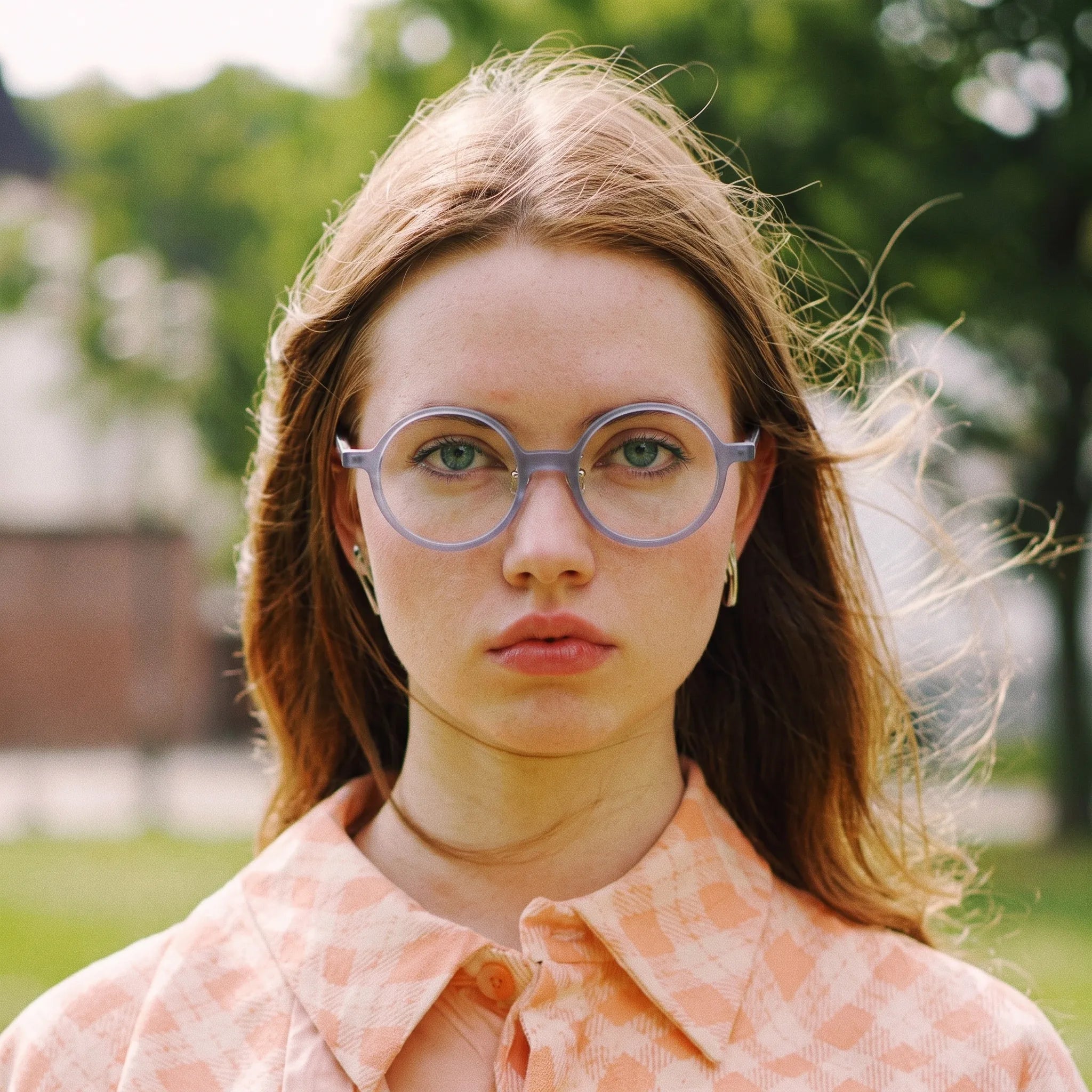 Model wearing Barledear Frosted Smoke Ember round acetate eyeglasses in a lifestyle portrait showing the lightweight frosted frame fit
