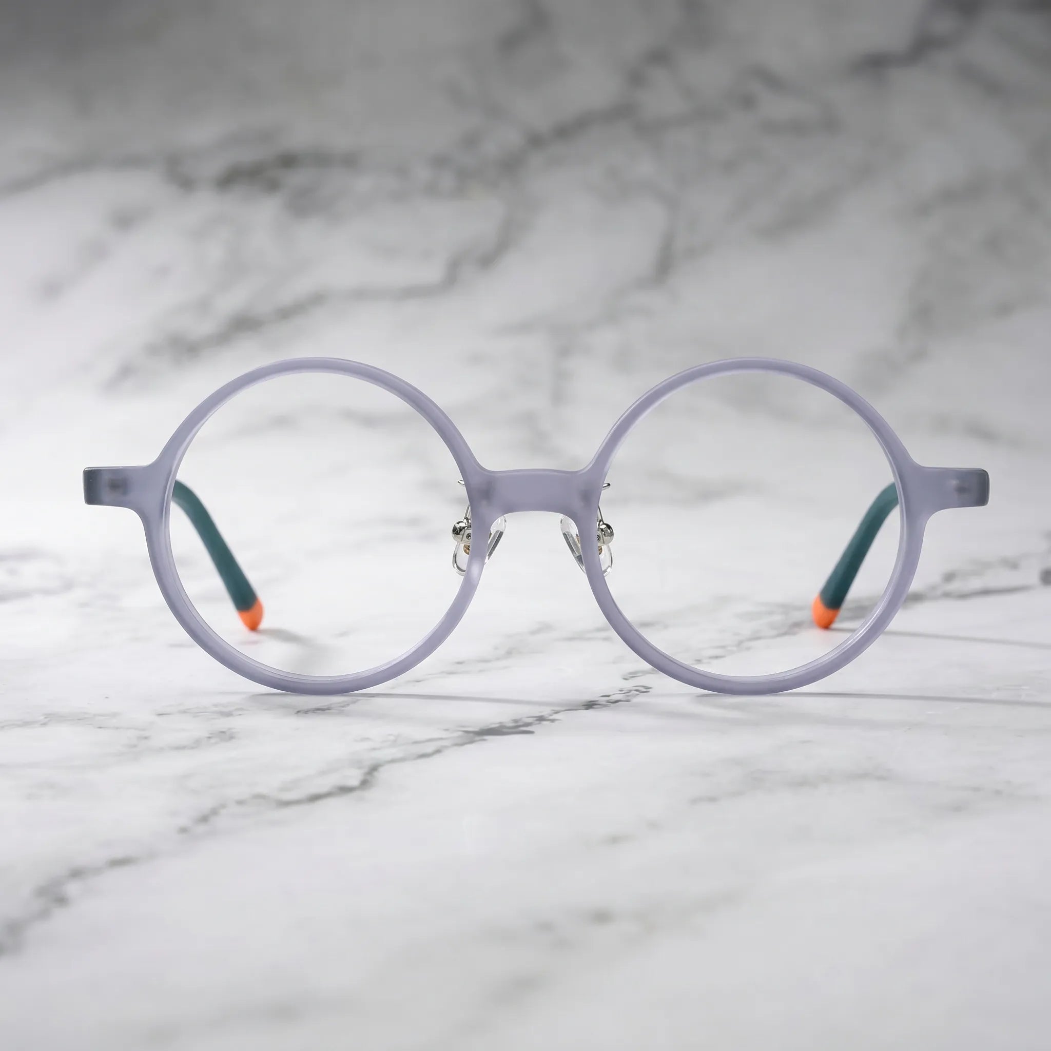 Barledear Frosted Smoke Ember round acetate eyeglasses shown in a clean lifestyle front view with translucent gray frame and dark temples