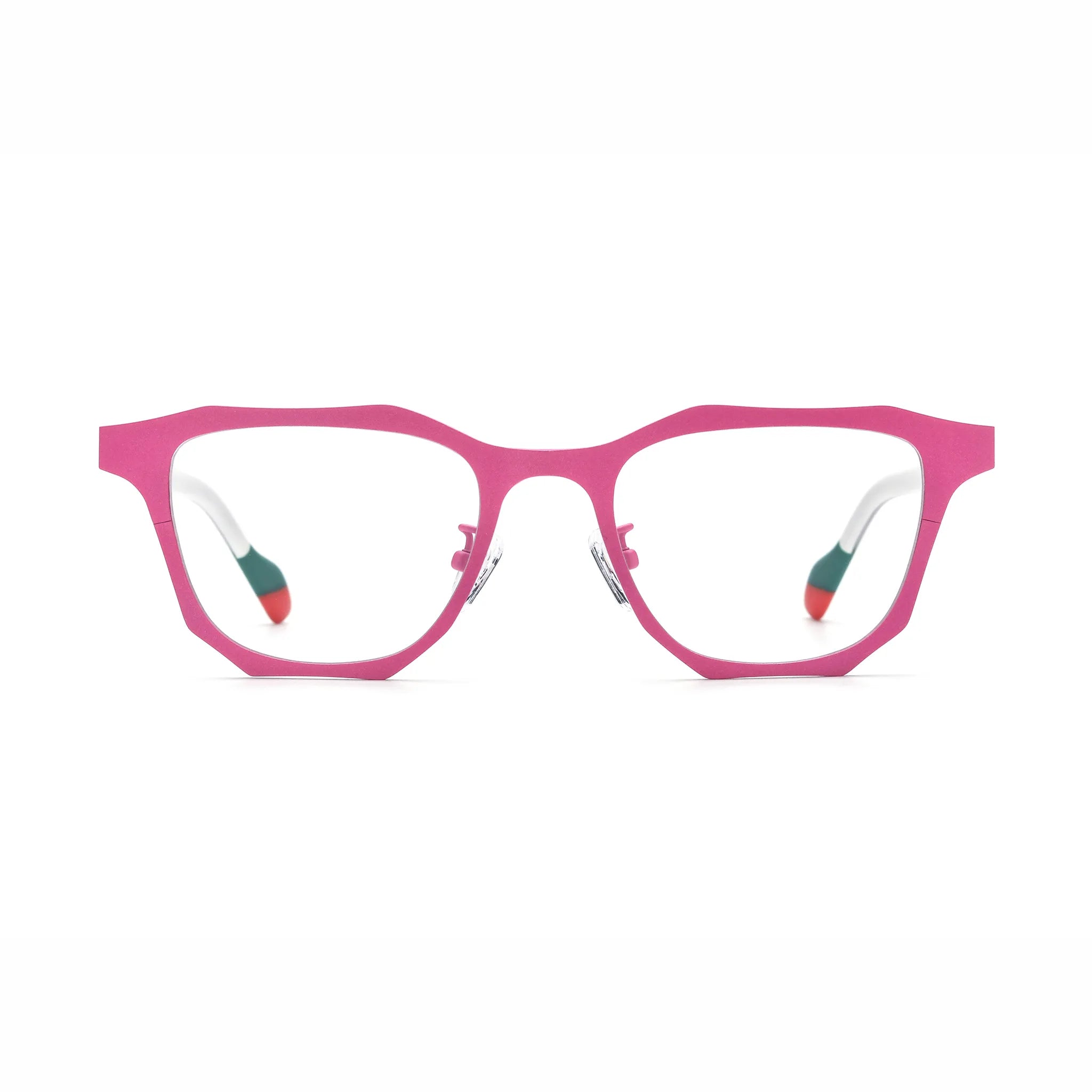 Barledear Fuchsia Jade eyeglasses front view with pink titanium square frame, light temples, and green-red temple tips