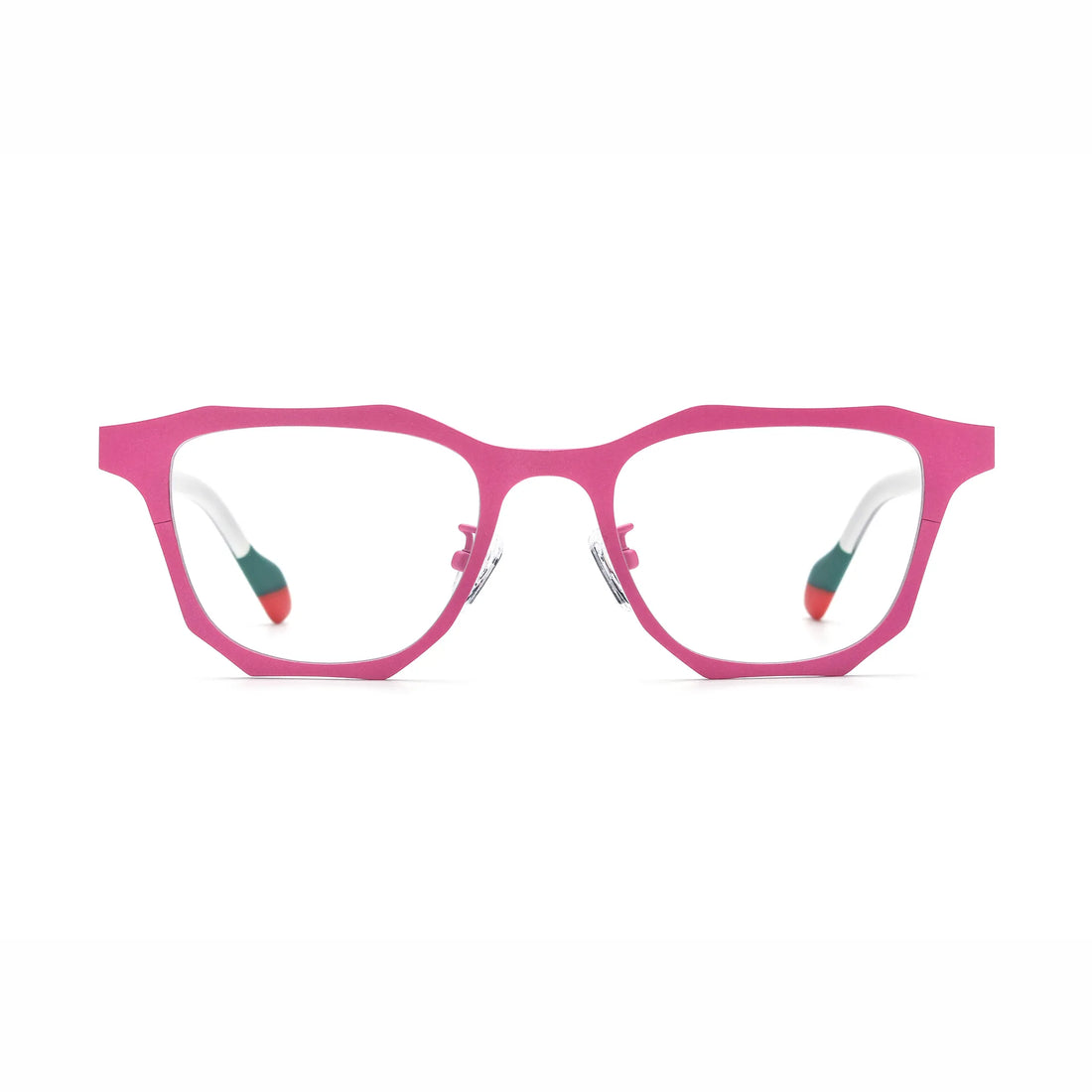 Barledear Fuchsia Jade eyeglasses front view with pink titanium square frame, light temples, and green-red temple tips