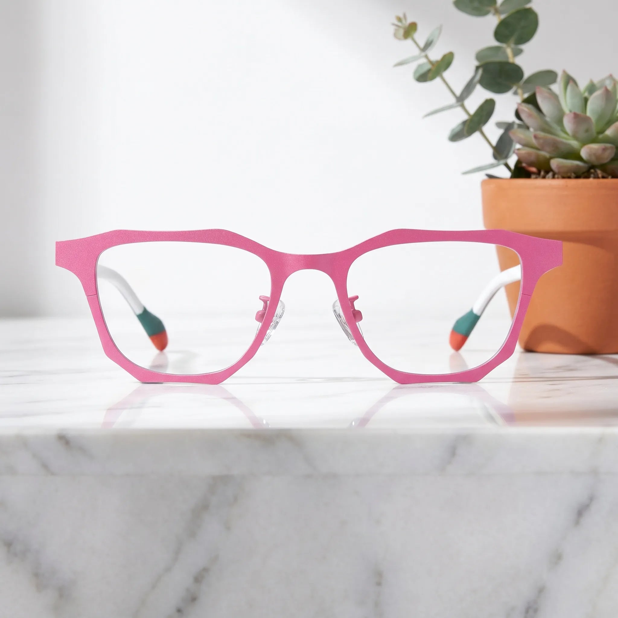 Barledear Fuchsia Jade eyeglasses shown in a clean lifestyle front view with playful color-block square frame design