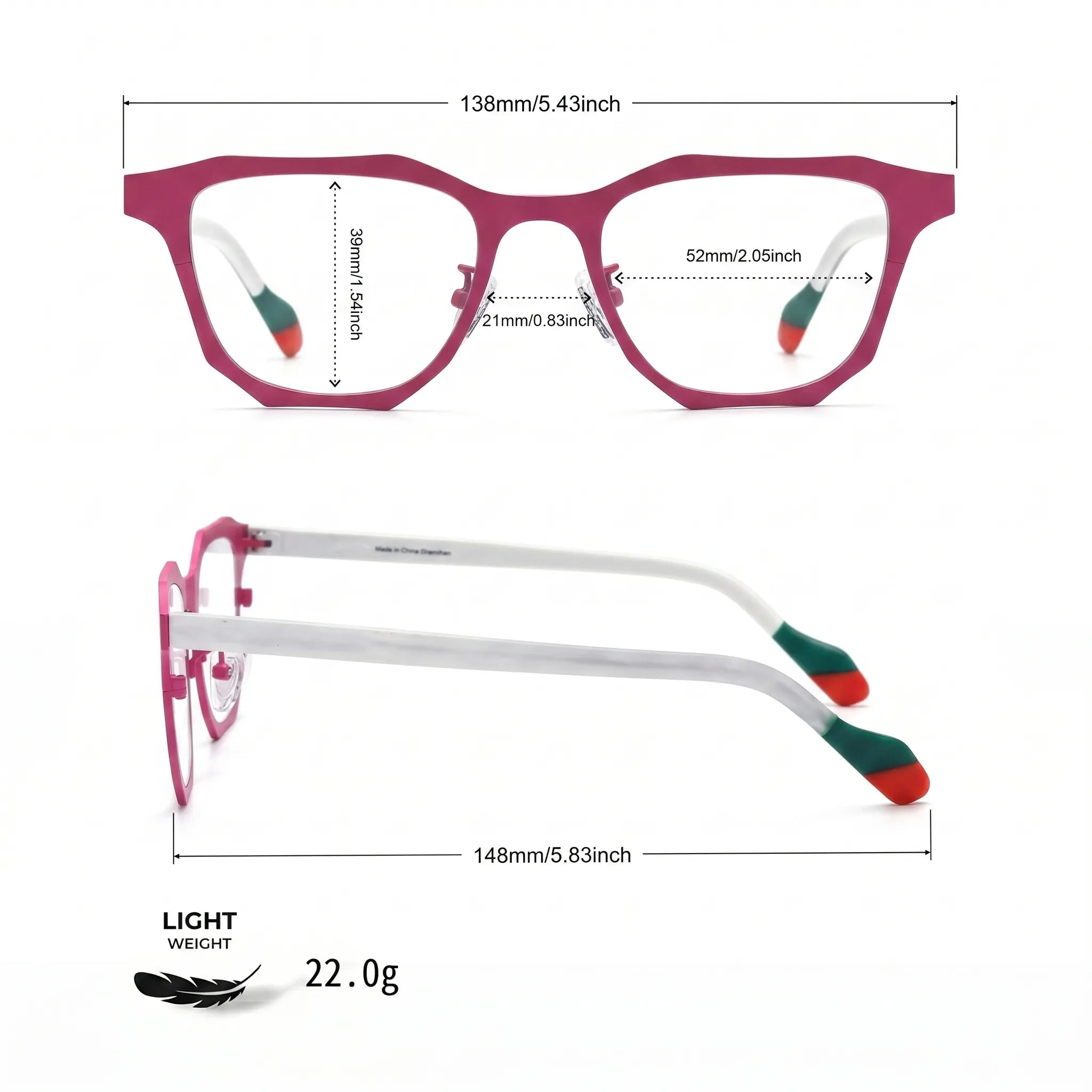 Barledear Fuchsia Jade eyeglasses size chart with frame width, lens width, bridge width, lens height, and temple length