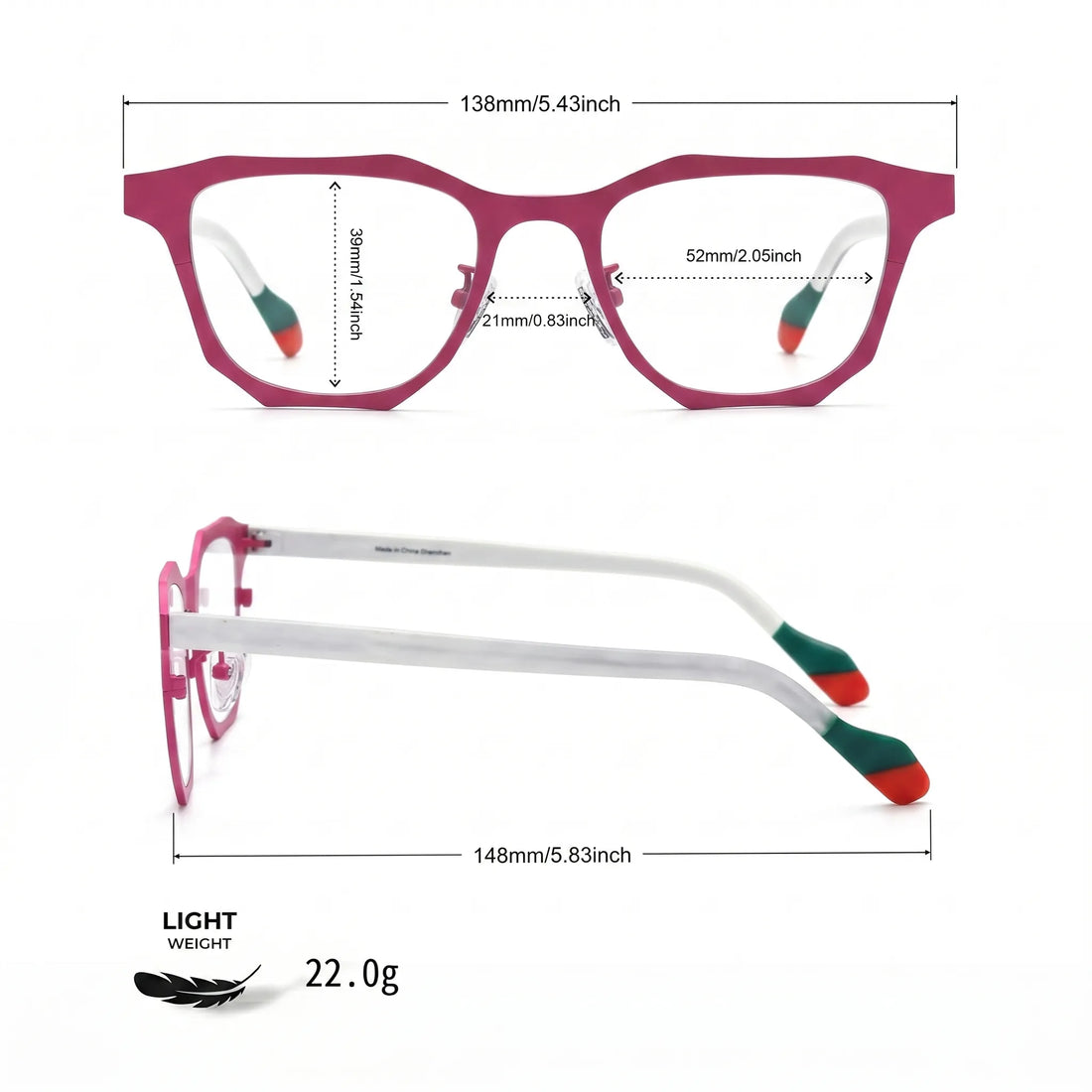 Barledear Fuchsia Jade eyeglasses size chart with frame width, lens width, bridge width, lens height, and temple length