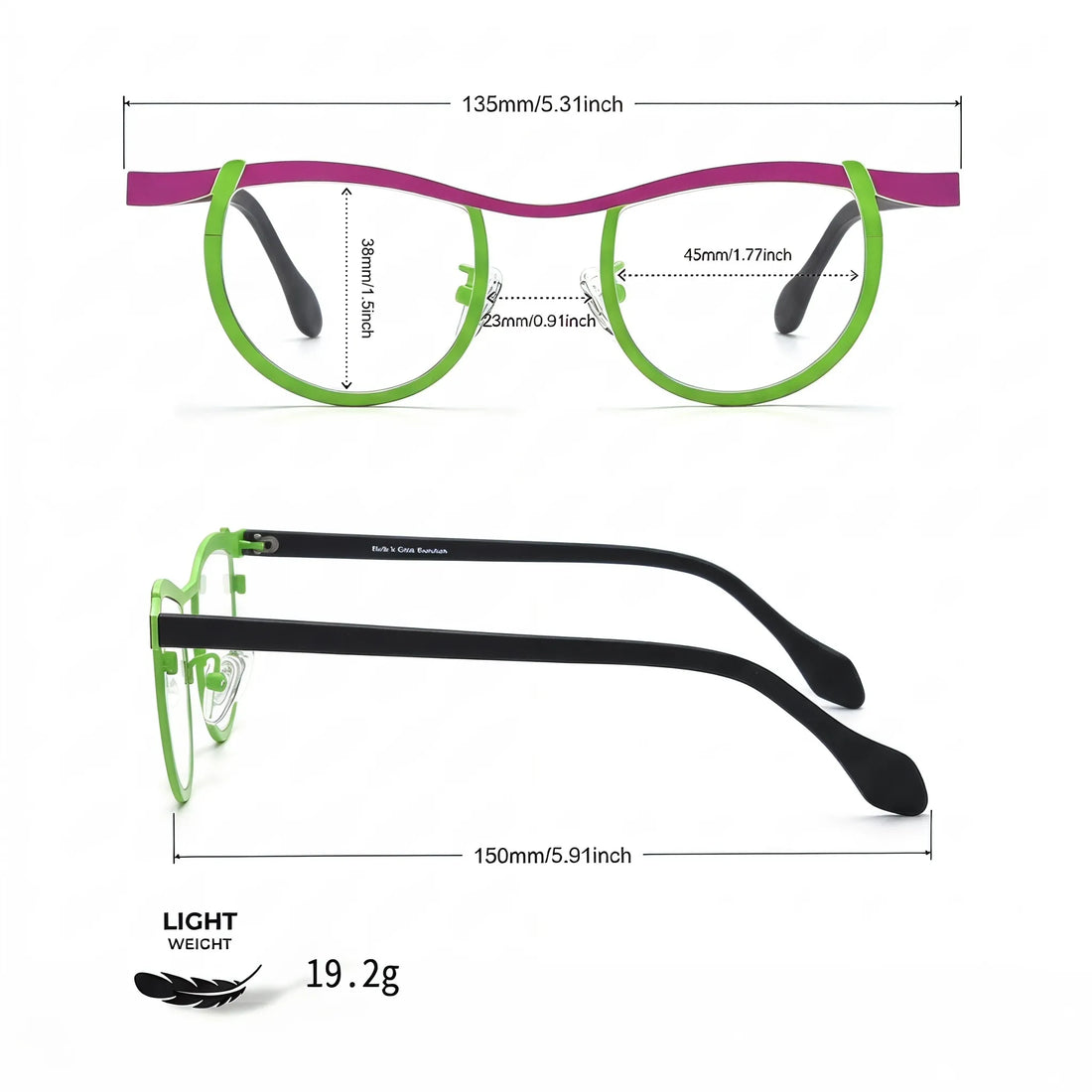 Barledear Fuchsia Lime Noir eyeglasses size chart with frame width lens width bridge and temple measurements