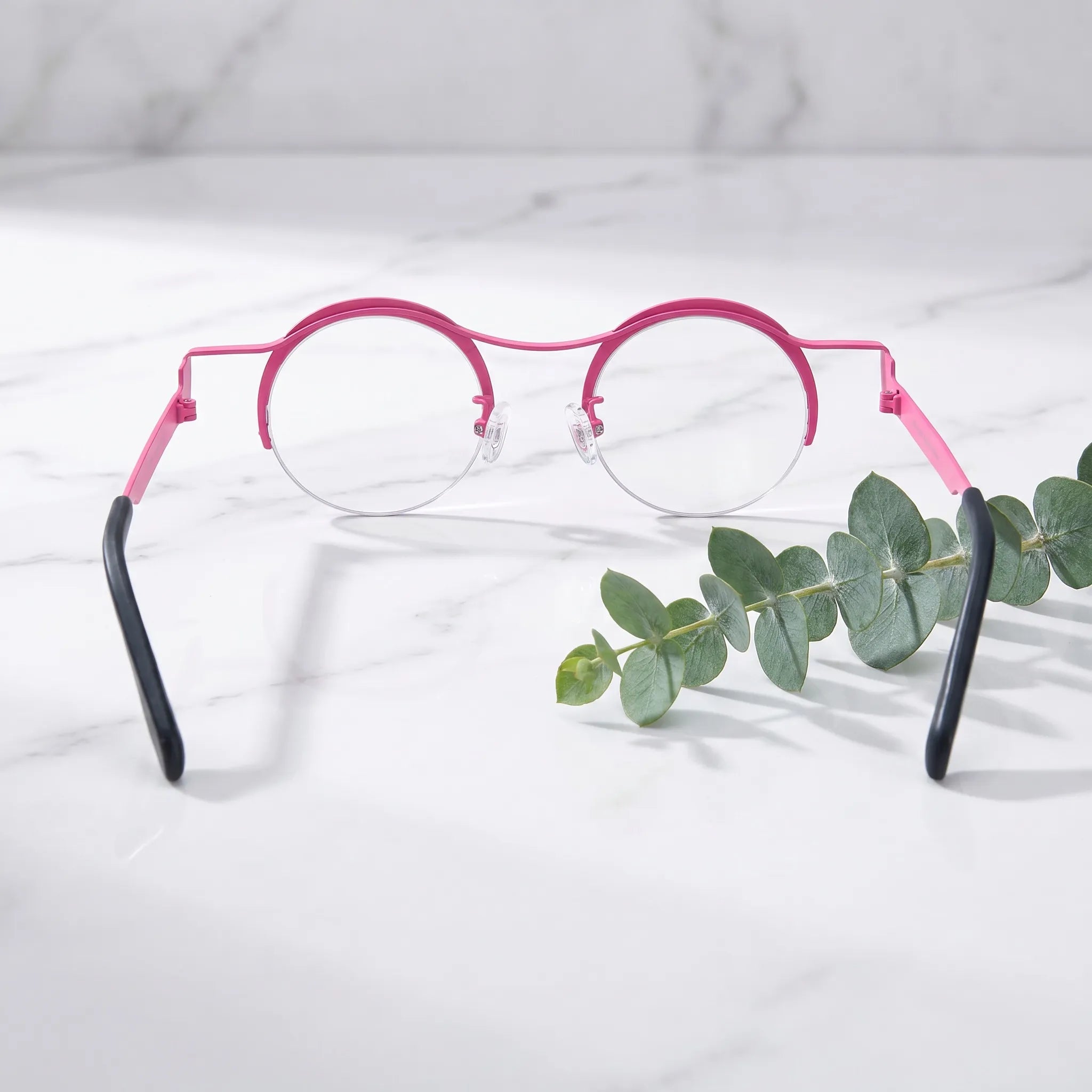 Barledear Fuchsia Marble eyeglasses back view showing adjustable silicone nose pads, temple shape, and lightweight frame structure