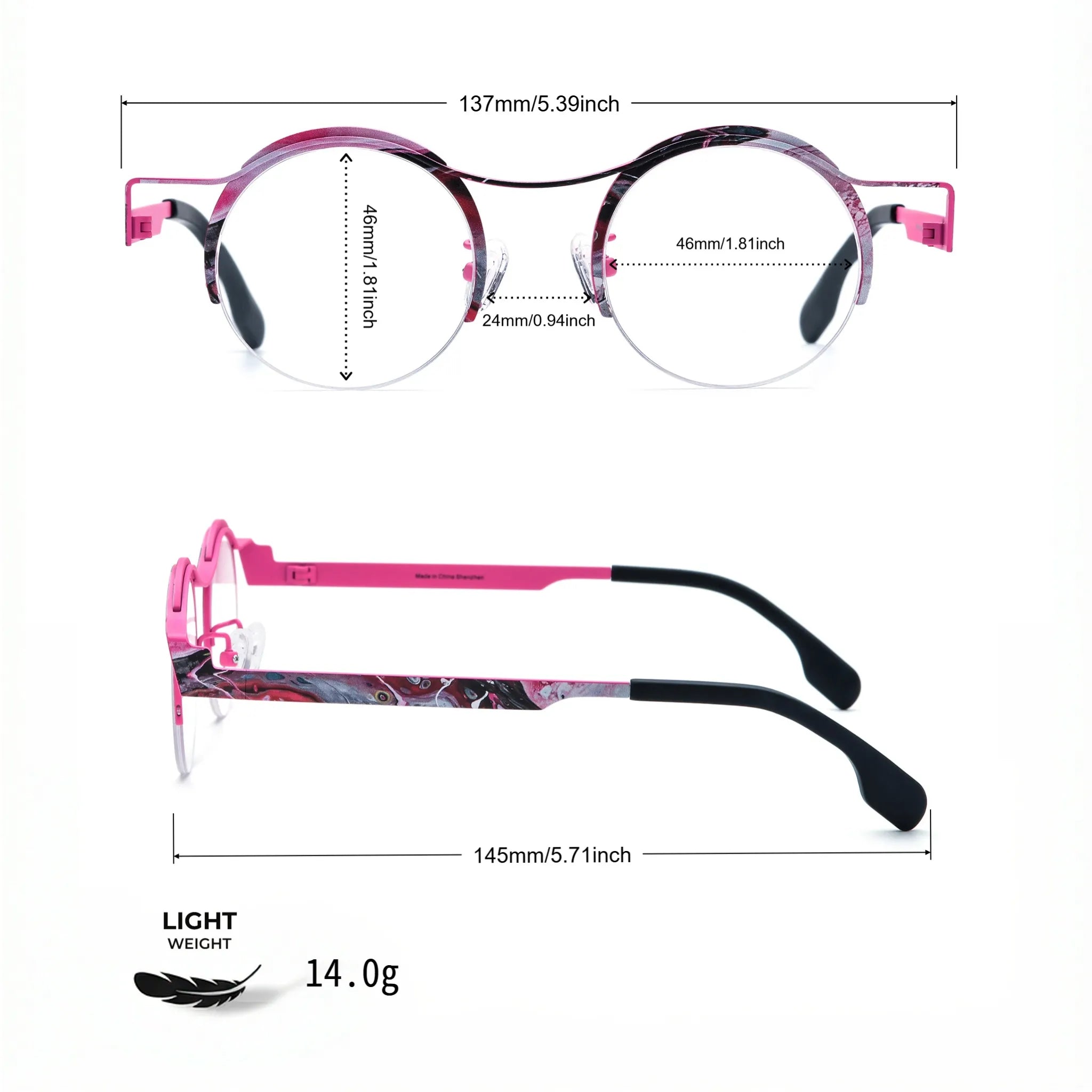 Model wearing Barledear Fuchsia Marble eyeglasses in a lifestyle portrait showing retro round semi-rimless titanium frame style