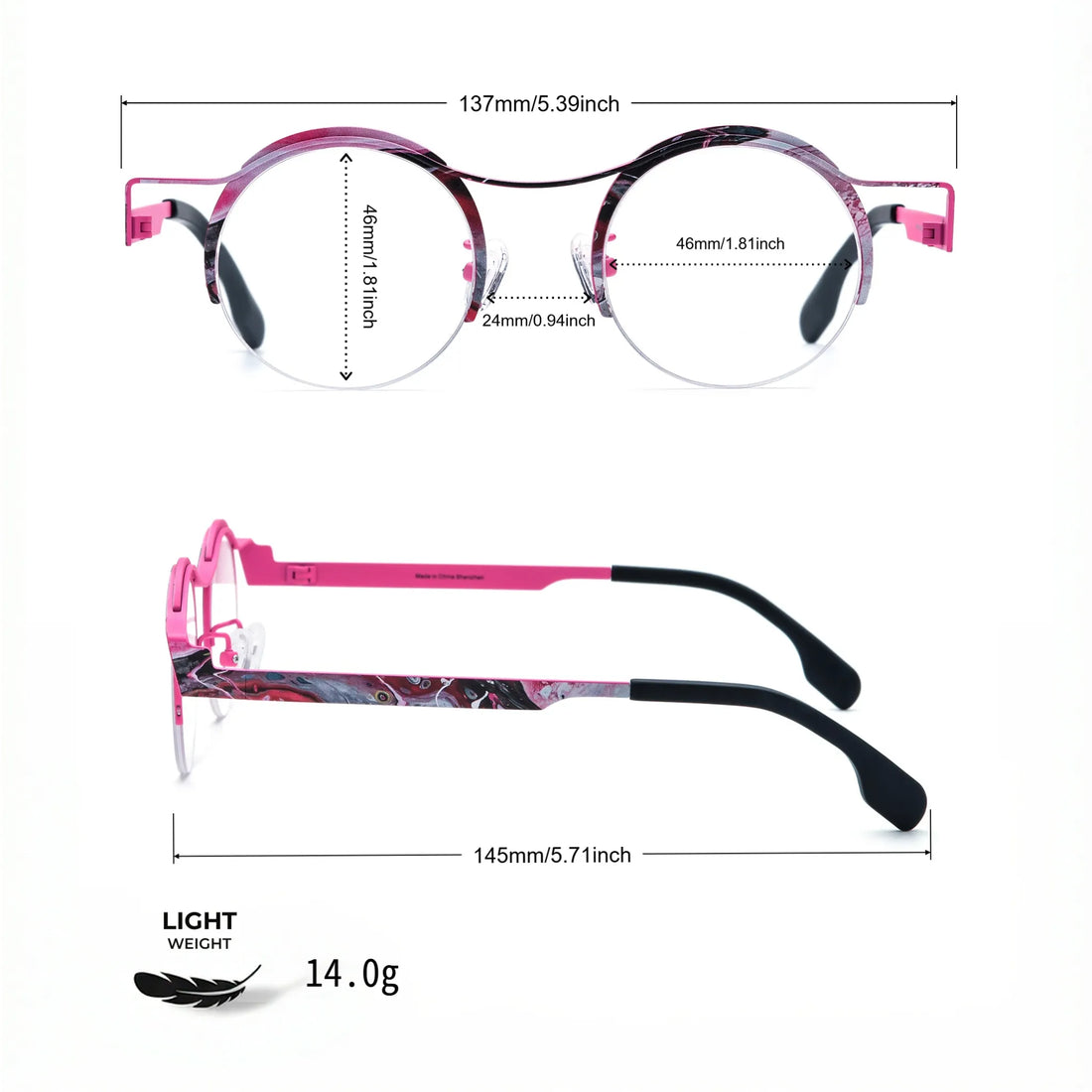 Model wearing Barledear Fuchsia Marble eyeglasses in a lifestyle portrait showing retro round semi-rimless titanium frame style