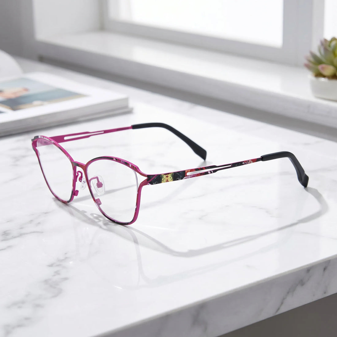 Barledear Fuchsia Mosaic eyeglasses angled side view showing slim cutout temples and adjustable nose pads